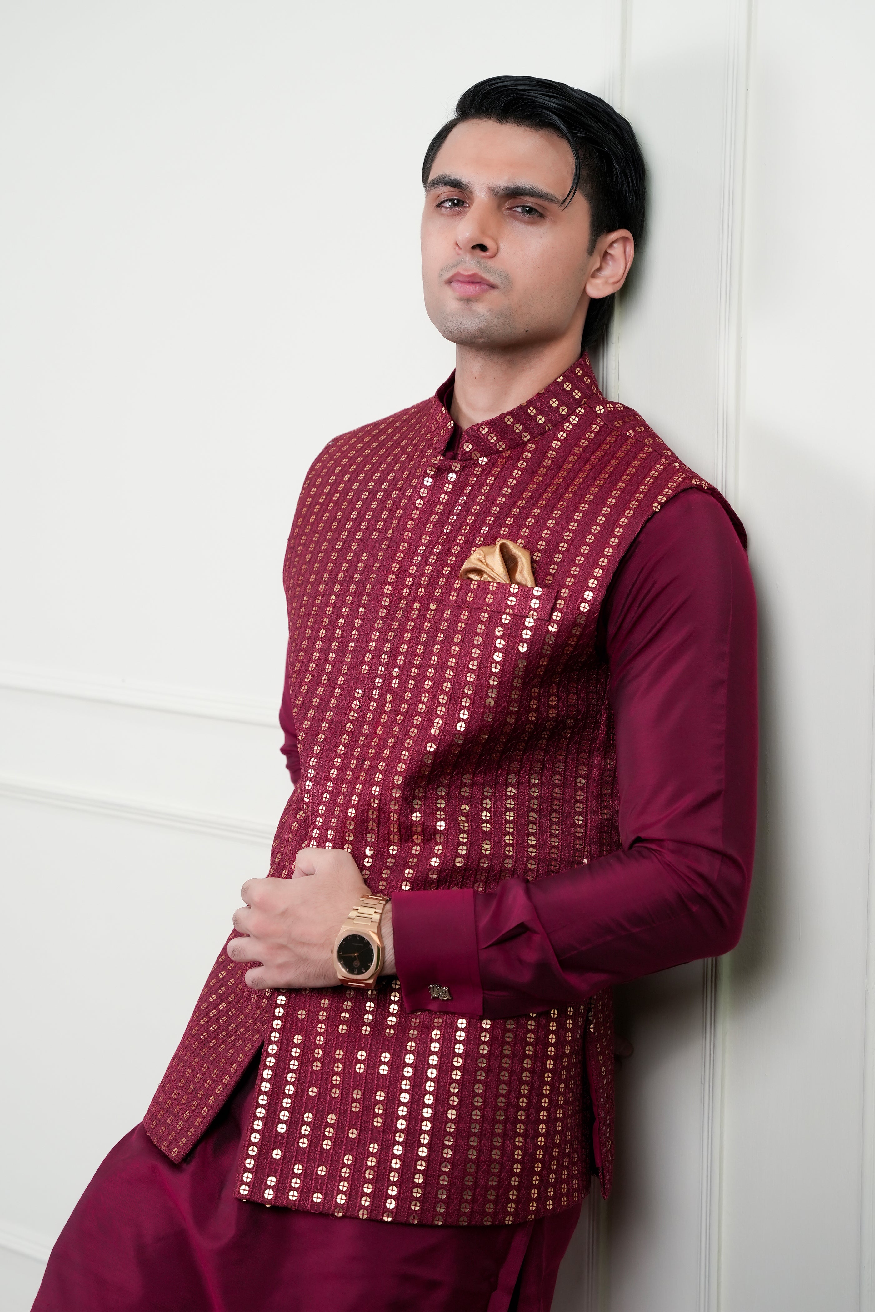 Red Golden Sequin Cotton Silk Waistcoat Kurta (3-Piece) - Image 7