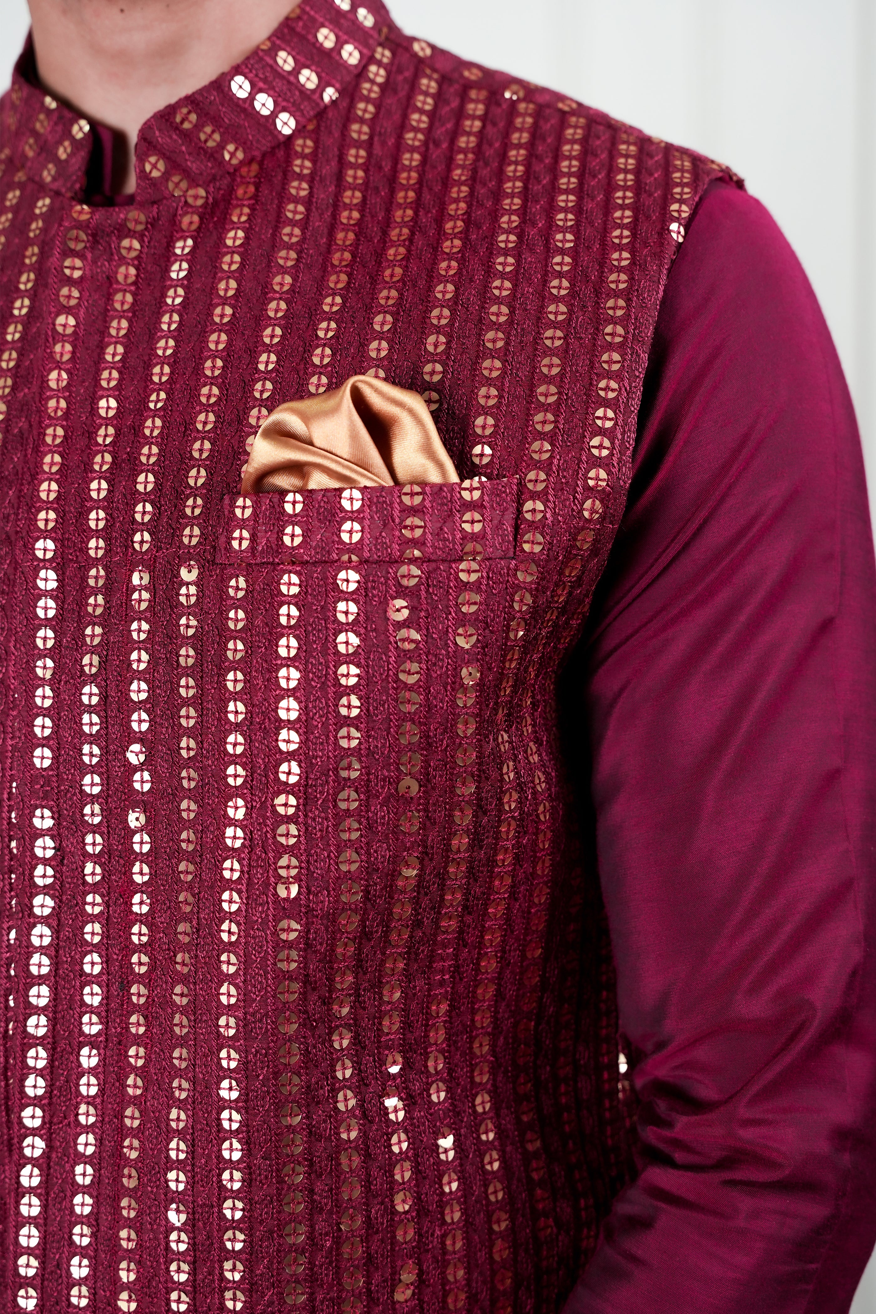 Red Golden Sequin Cotton Silk Waistcoat Kurta (3-Piece) - Image 8