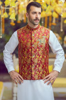 Red Zardozi Pure Jamawar Waistcoat (2-Piece) - Image 3