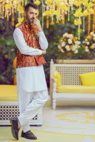 Red Zardozi Pure Jamawar Waistcoat (2-Piece) - Image 5