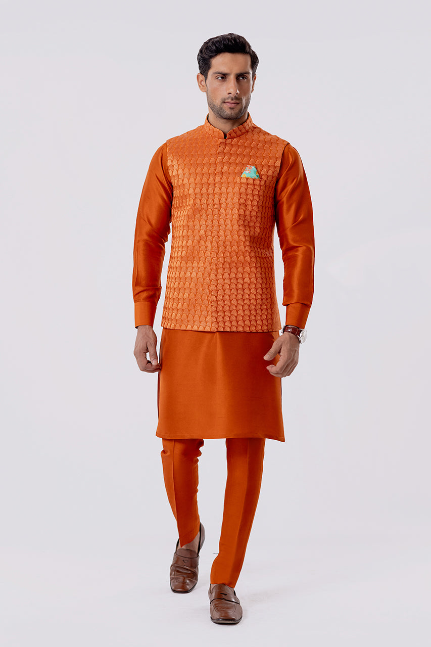 Rust Embroidered Raw Silk Waistcoat Kurta (3-Piece) - Image 1