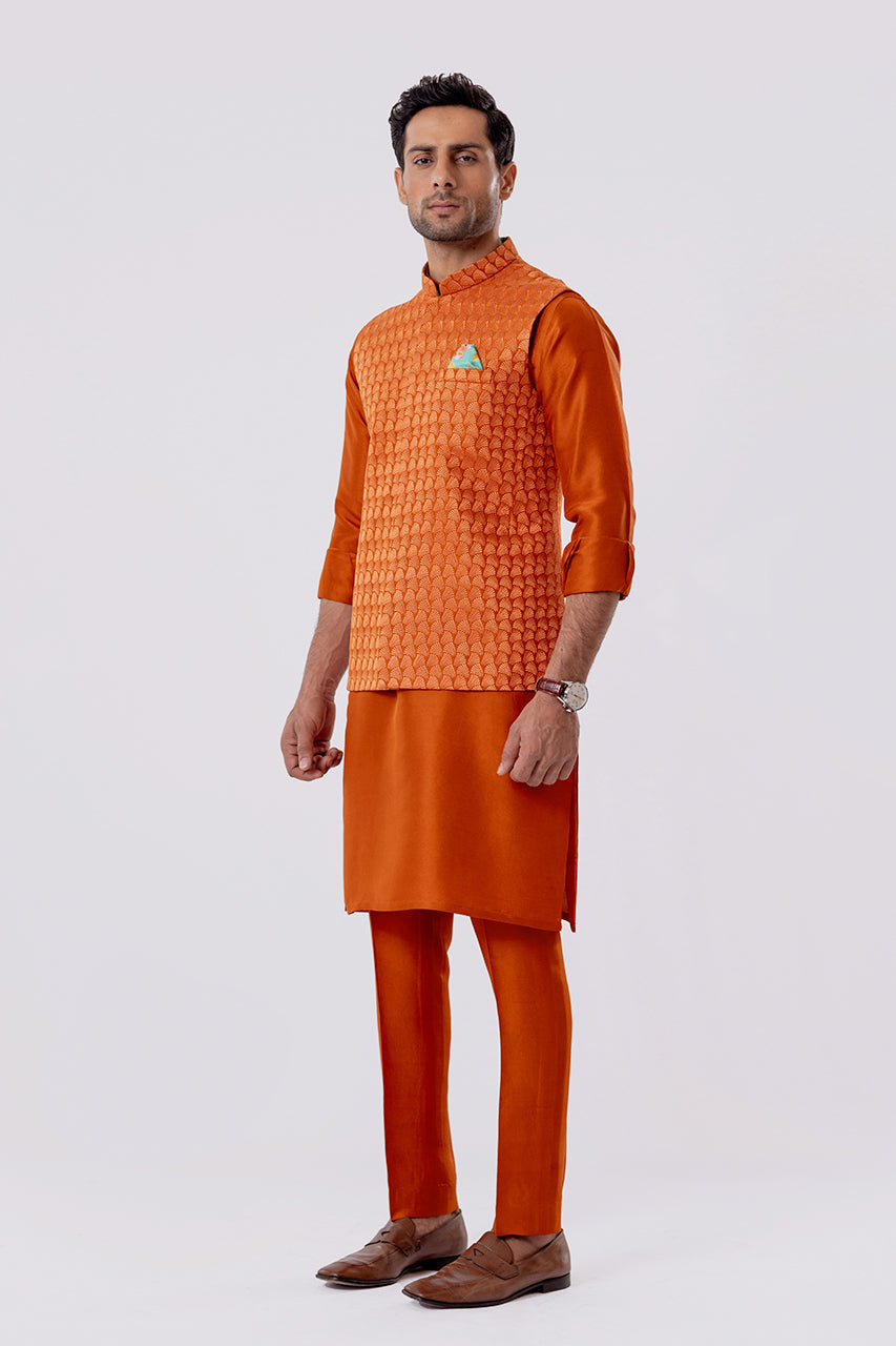 Rust Embroidered Raw Silk Waistcoat Kurta (3-Piece) - Image 6