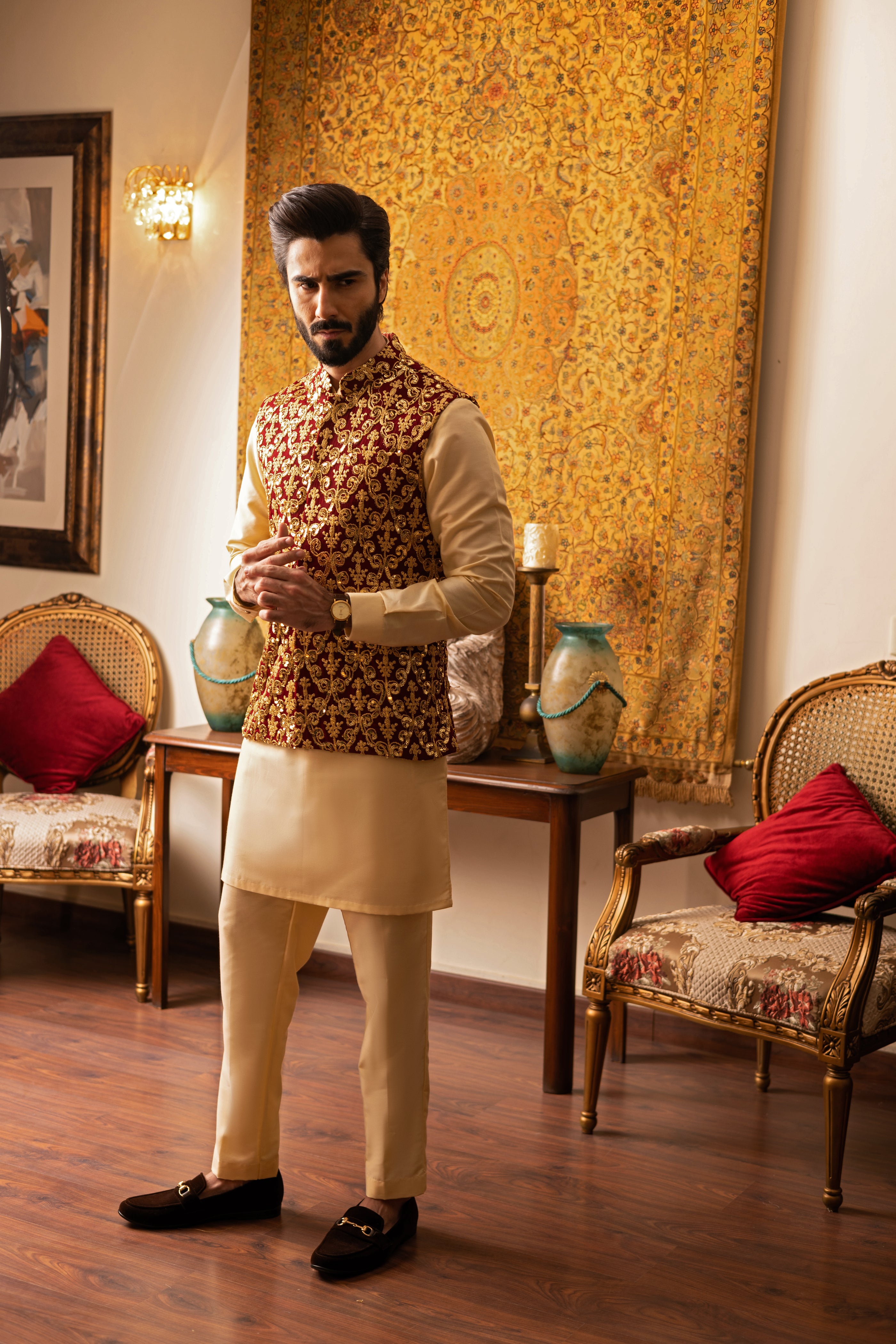 Red Embossed Silk-Blend Waistcoat Kurta (3-Piece) - Image 2