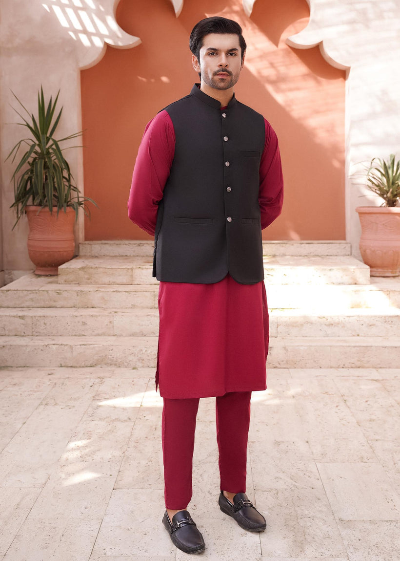 Black and Red Blended Waistcoat Kurta (3-Piece) - Image 1