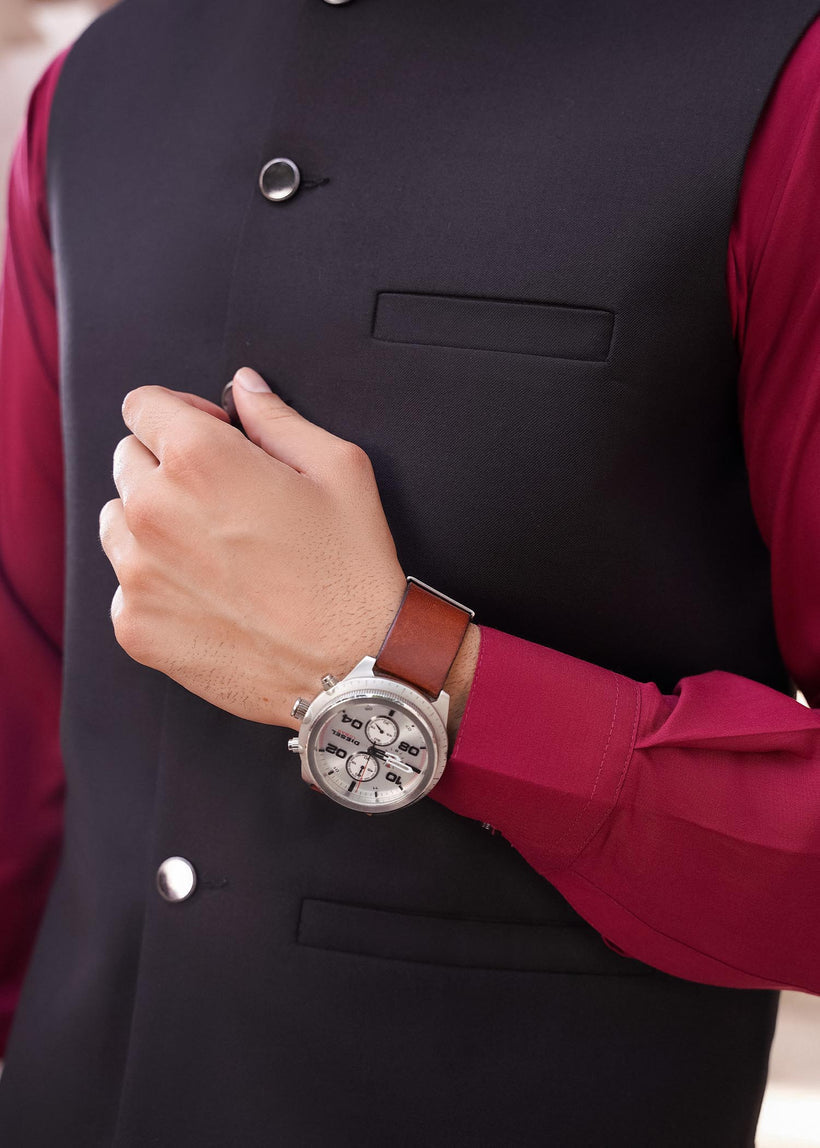 Black and Red Blended Waistcoat Kurta (3-Piece) - Image 4