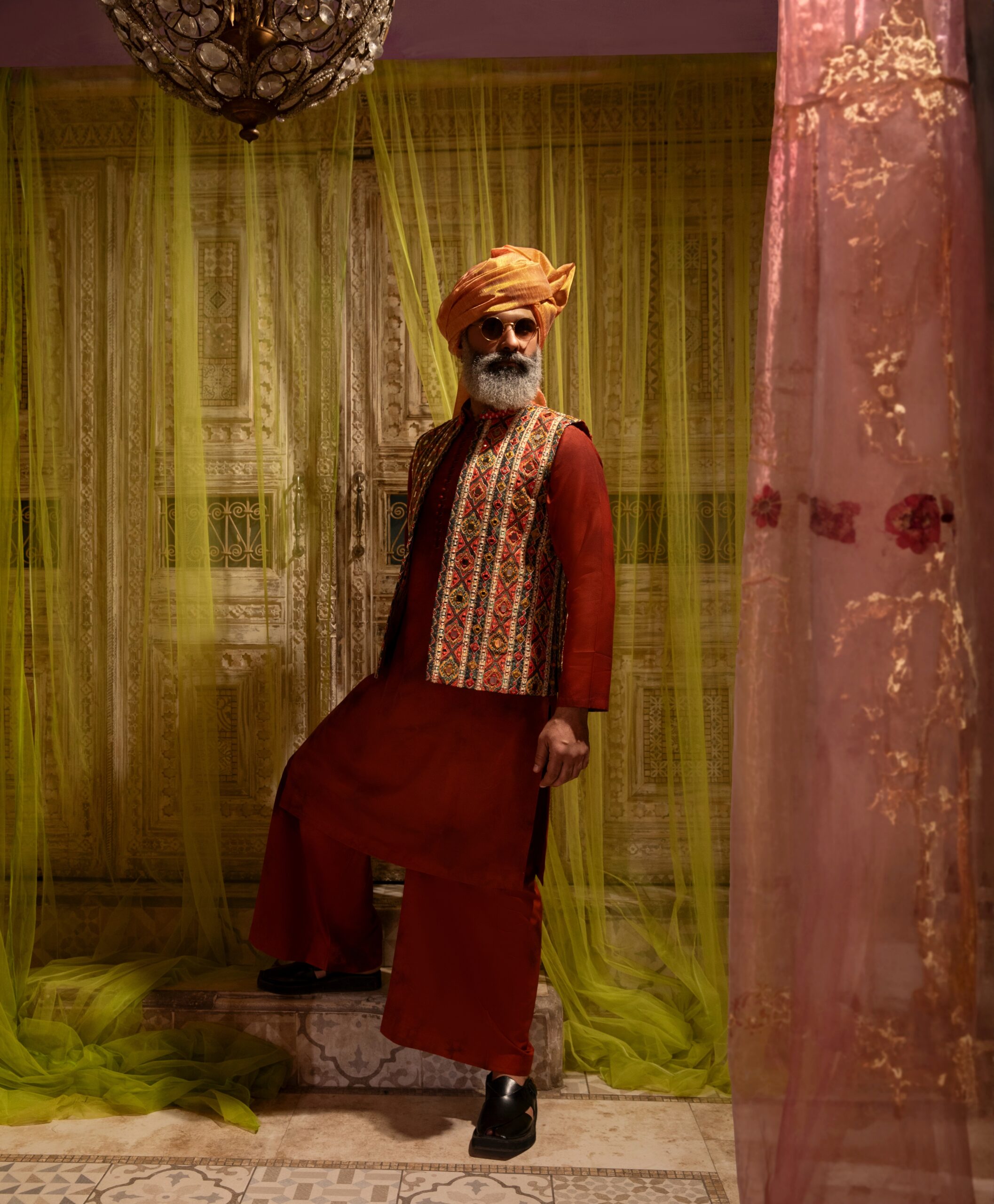 Vermilion Mirror Work Viscose Waistcoat (3-Piece) - Image 3