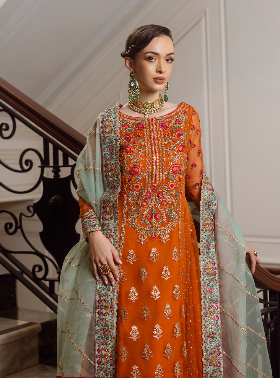 Rust Embroidered Organza Anarkali Dress (2-Piece) - Image 6