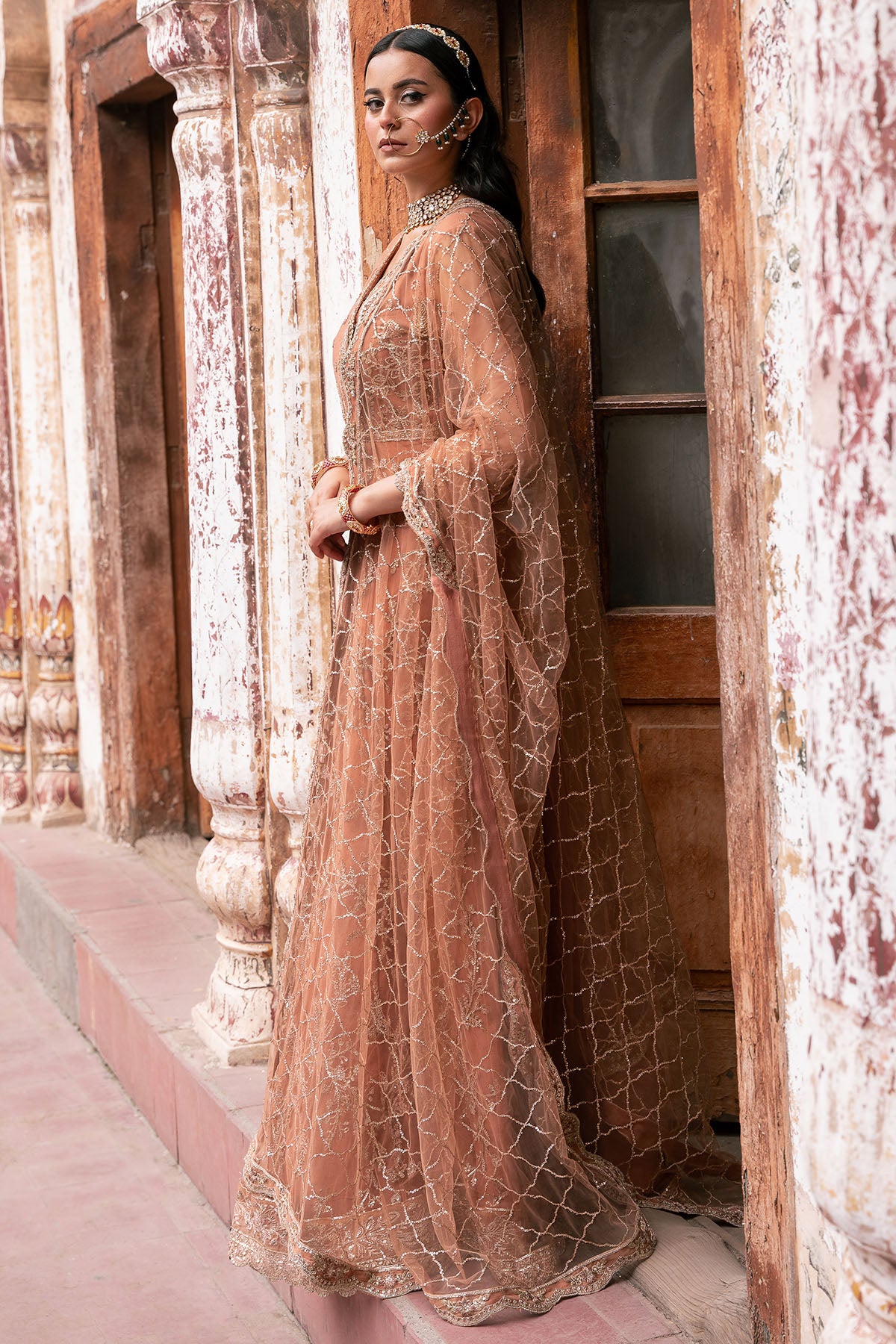Rust Embroidered Net Anarkali Dress (3-Piece) - Image 2