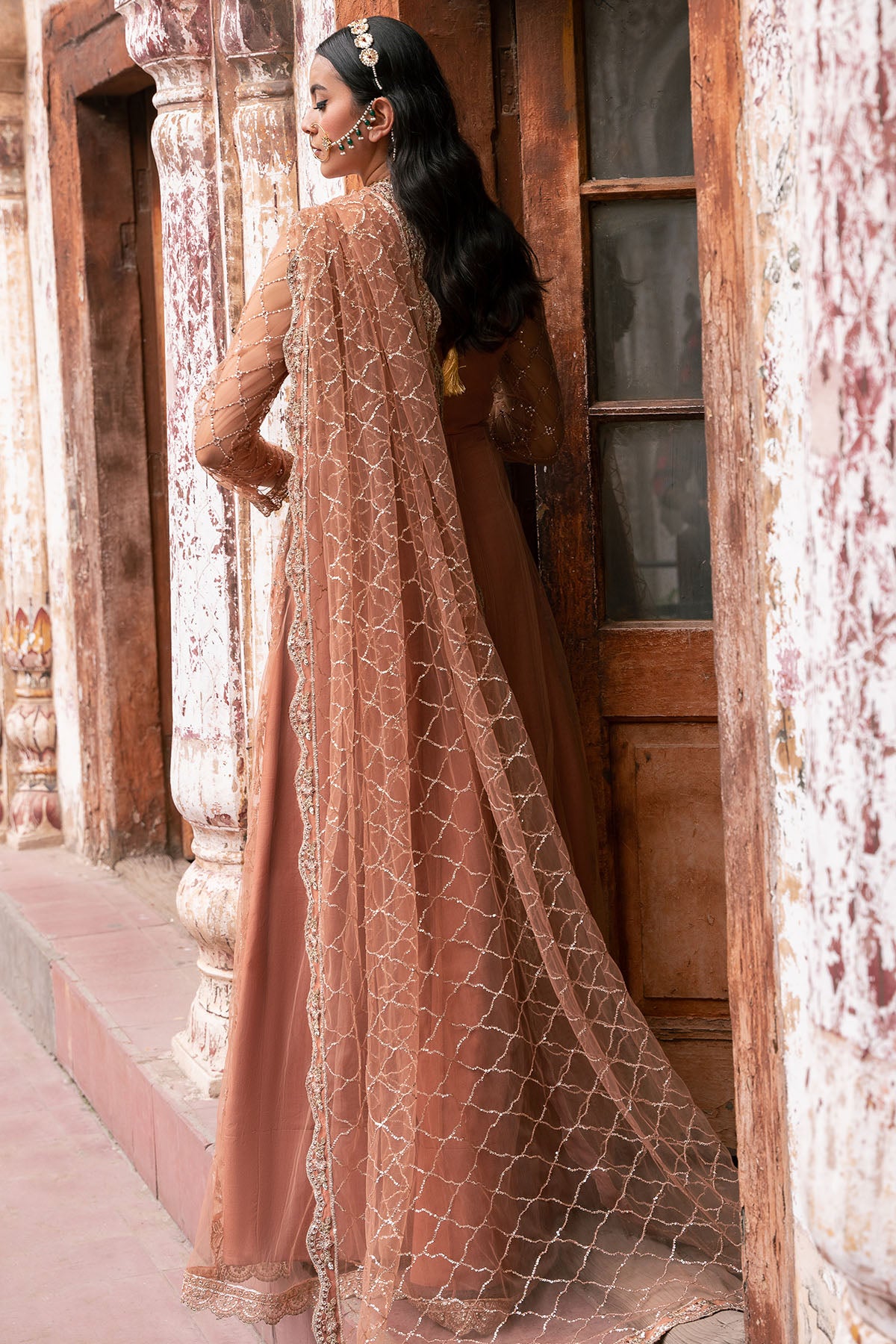 Rust Embroidered Net Anarkali Dress (3-Piece) - Image 4