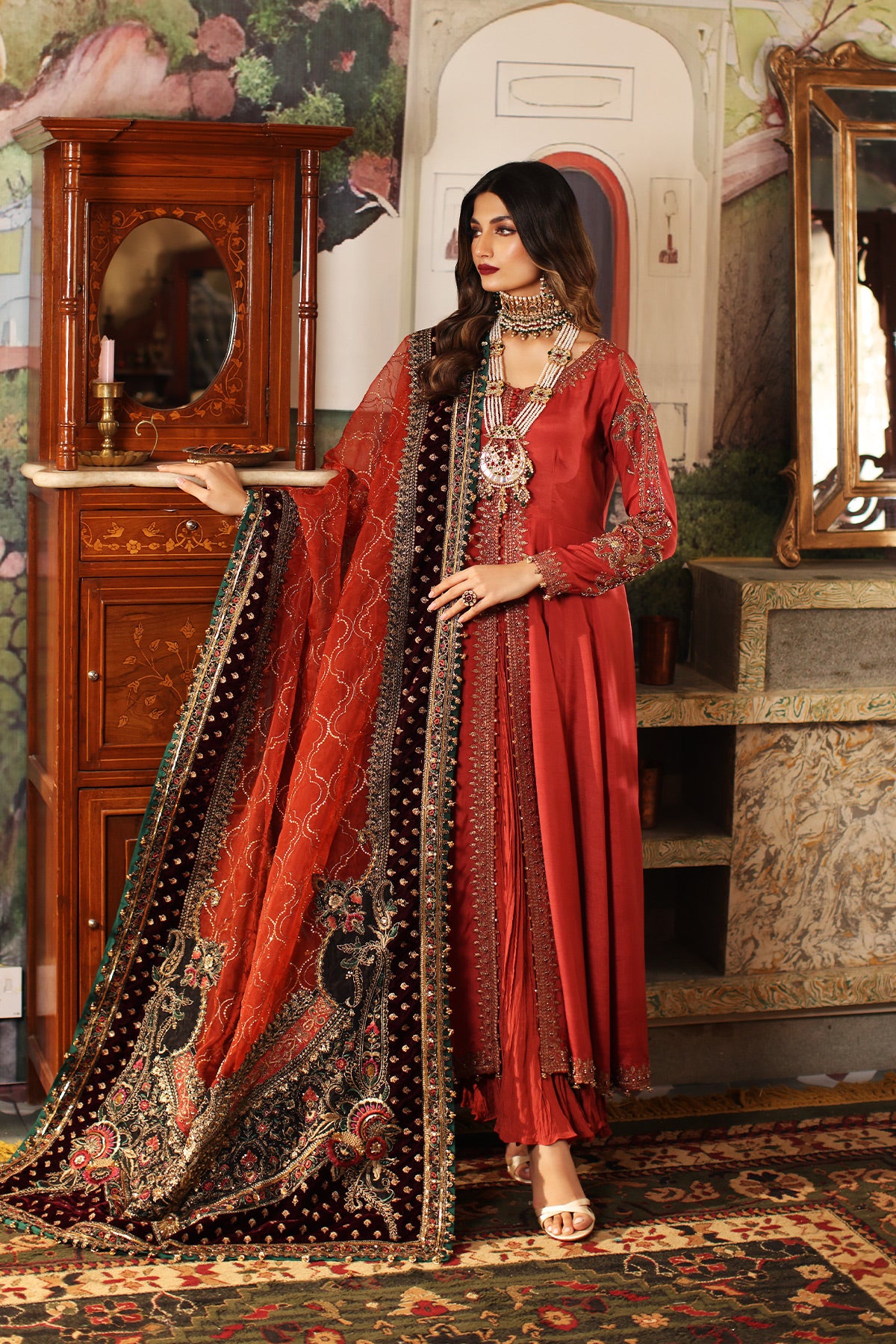 Pakistani Rust Embroidered Raw Silk Anarkali Dress (3-Piece) - Image 1