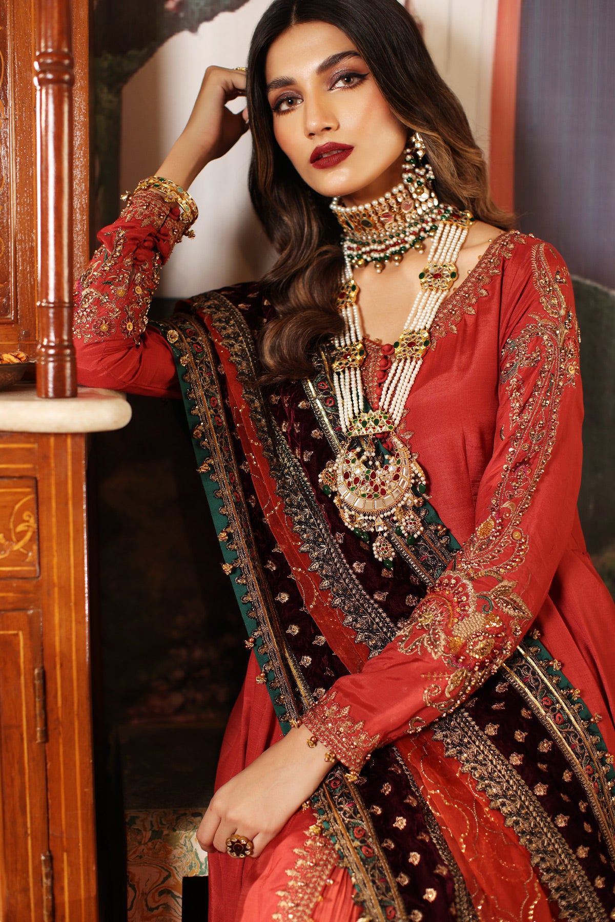Pakistani Rust Embroidered Raw Silk Anarkali Dress (3-Piece) - Image 2