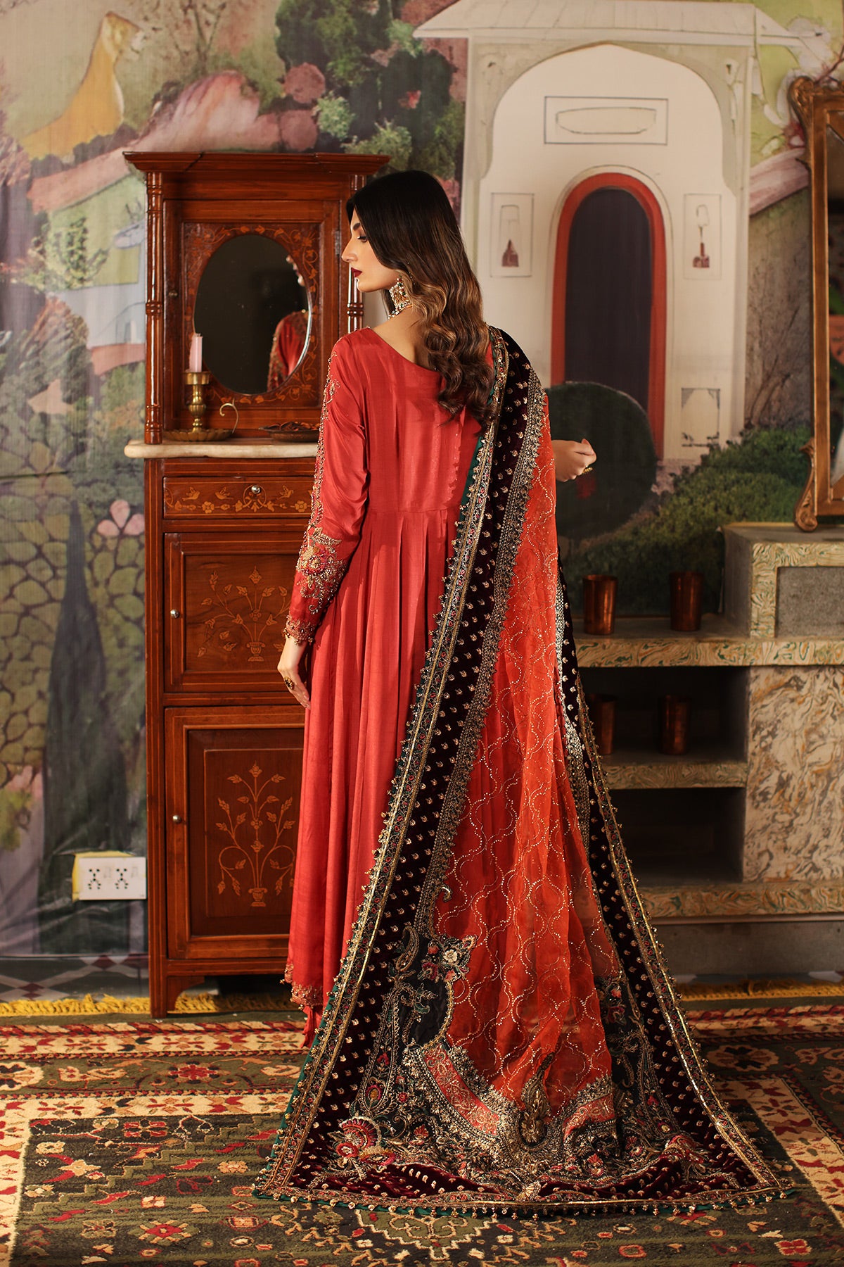 Pakistani Rust Embroidered Raw Silk Anarkali Dress (3-Piece) - Image 3