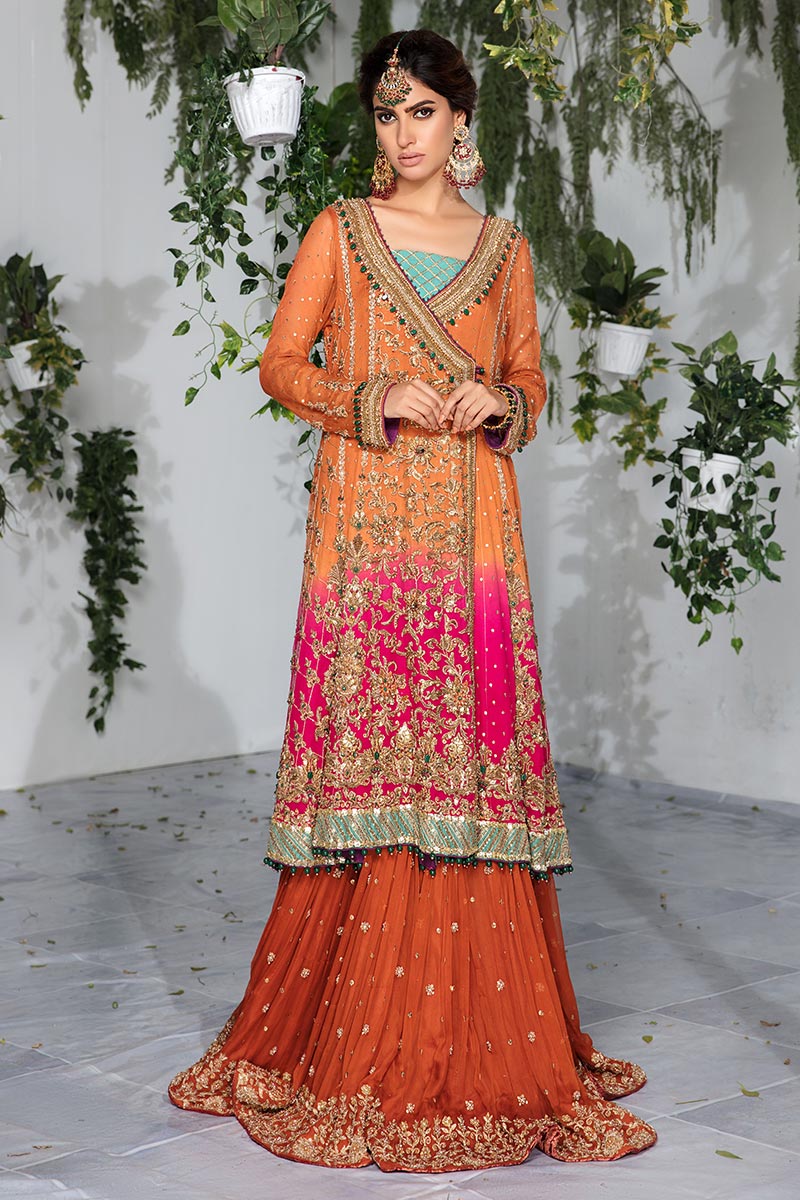 Rust and Pink Embroidered Chiffon Angarkha (3-Piece) - Image 1