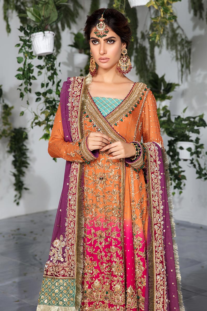 Rust and Pink Embroidered Chiffon Angarkha (3-Piece) - Image 2