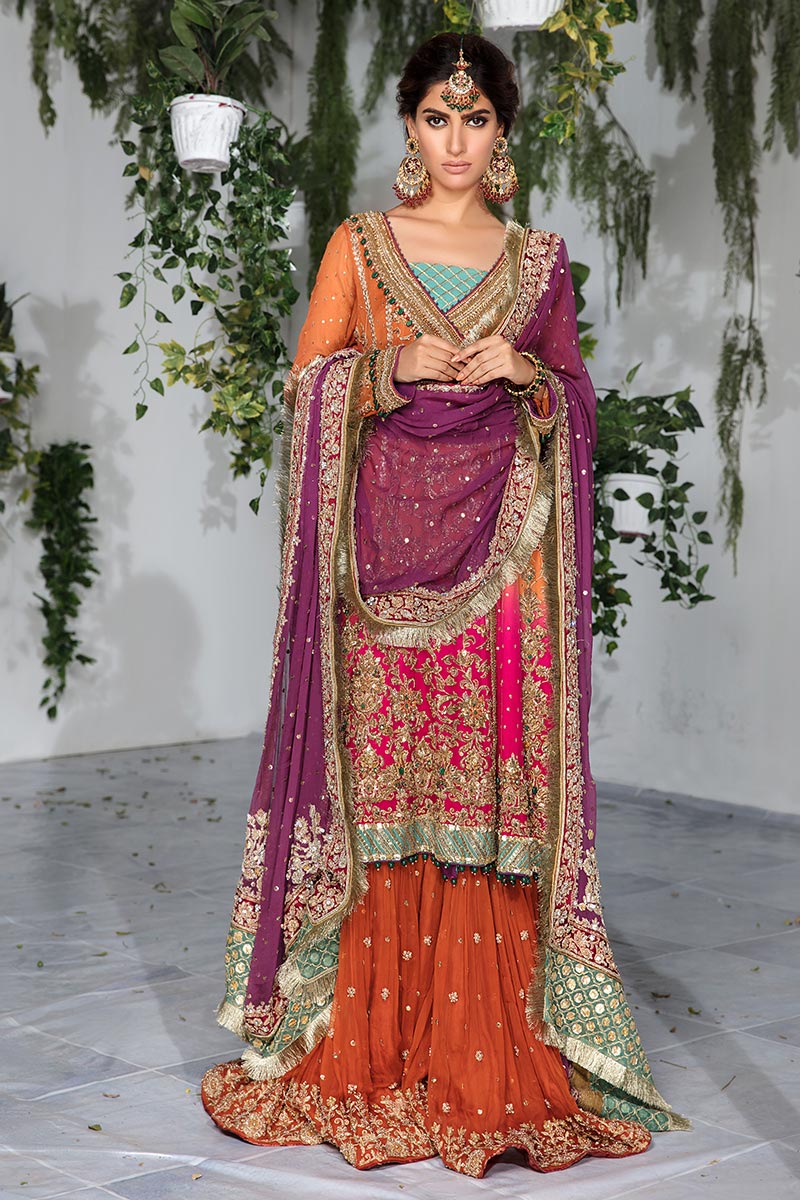 Rust and Pink Embroidered Chiffon Angarkha (3-Piece) - Image 3
