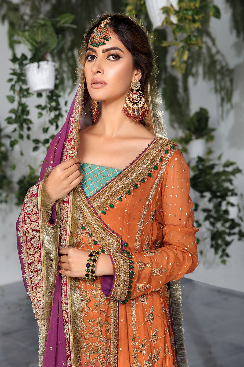 Rust and Pink Embroidered Chiffon Angarkha (3-Piece) - Image 4