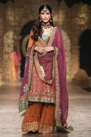Pakistani Rust and Pink Embroidered Chiffon Angarkha Gharara (3-Piece) - Image 2