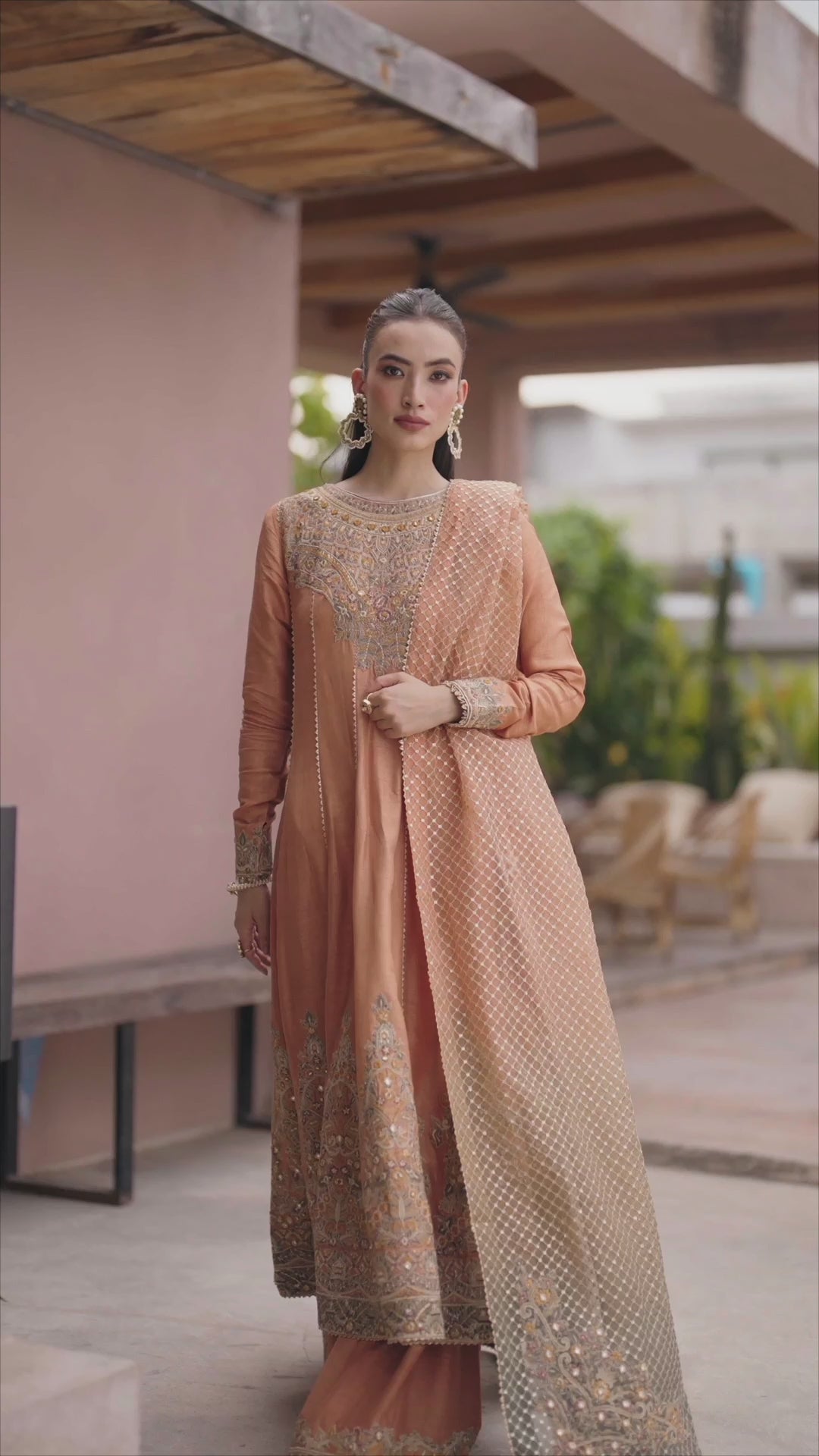 Pakistani Rust Embroidered Korean Raw Silk Gharara (3-Piece) - Image 7