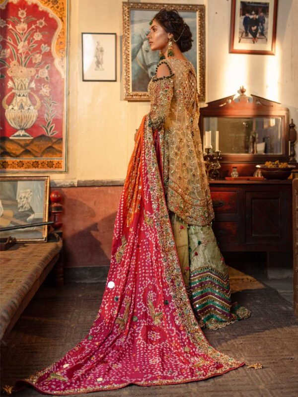 Pakistani Rust & Olive Green Mirrorwork Silk Bridal Gharara (3-Piece) - Image 1