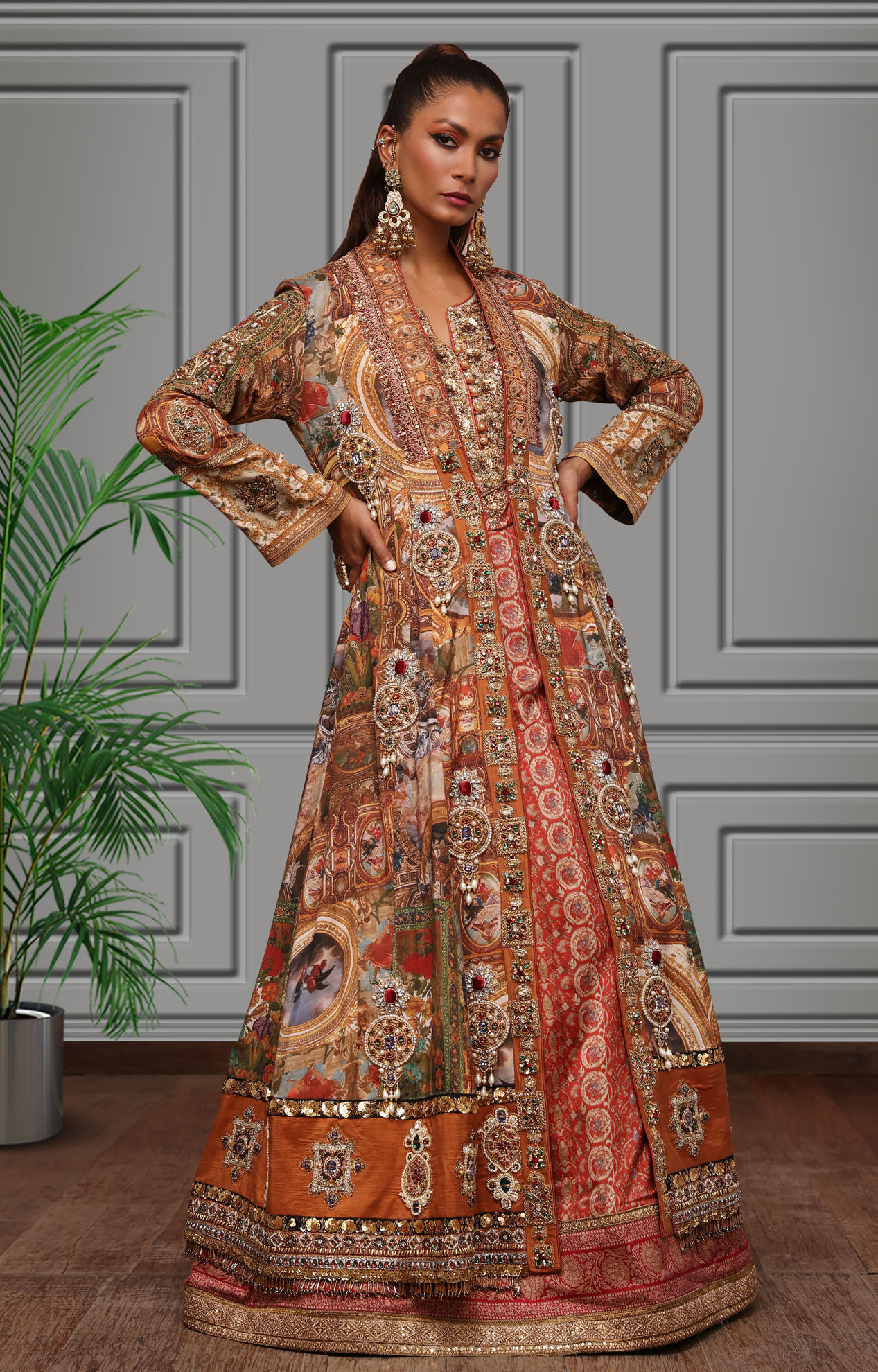 Rust Embellished Silk Long Jacket Gown (3-Piece) - Image 1