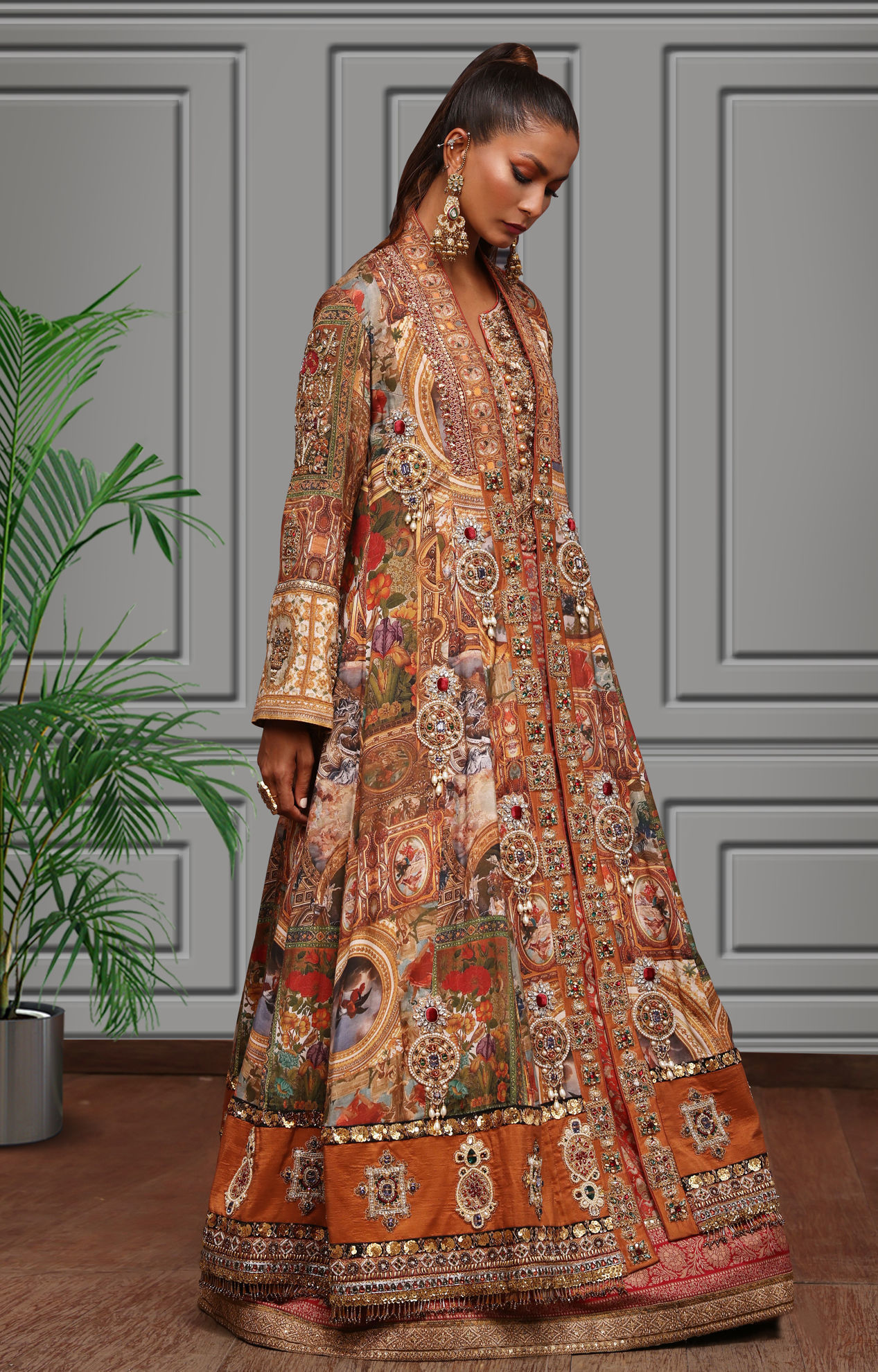 Rust Embellished Silk Long Jacket Gown (3-Piece) - Image 2