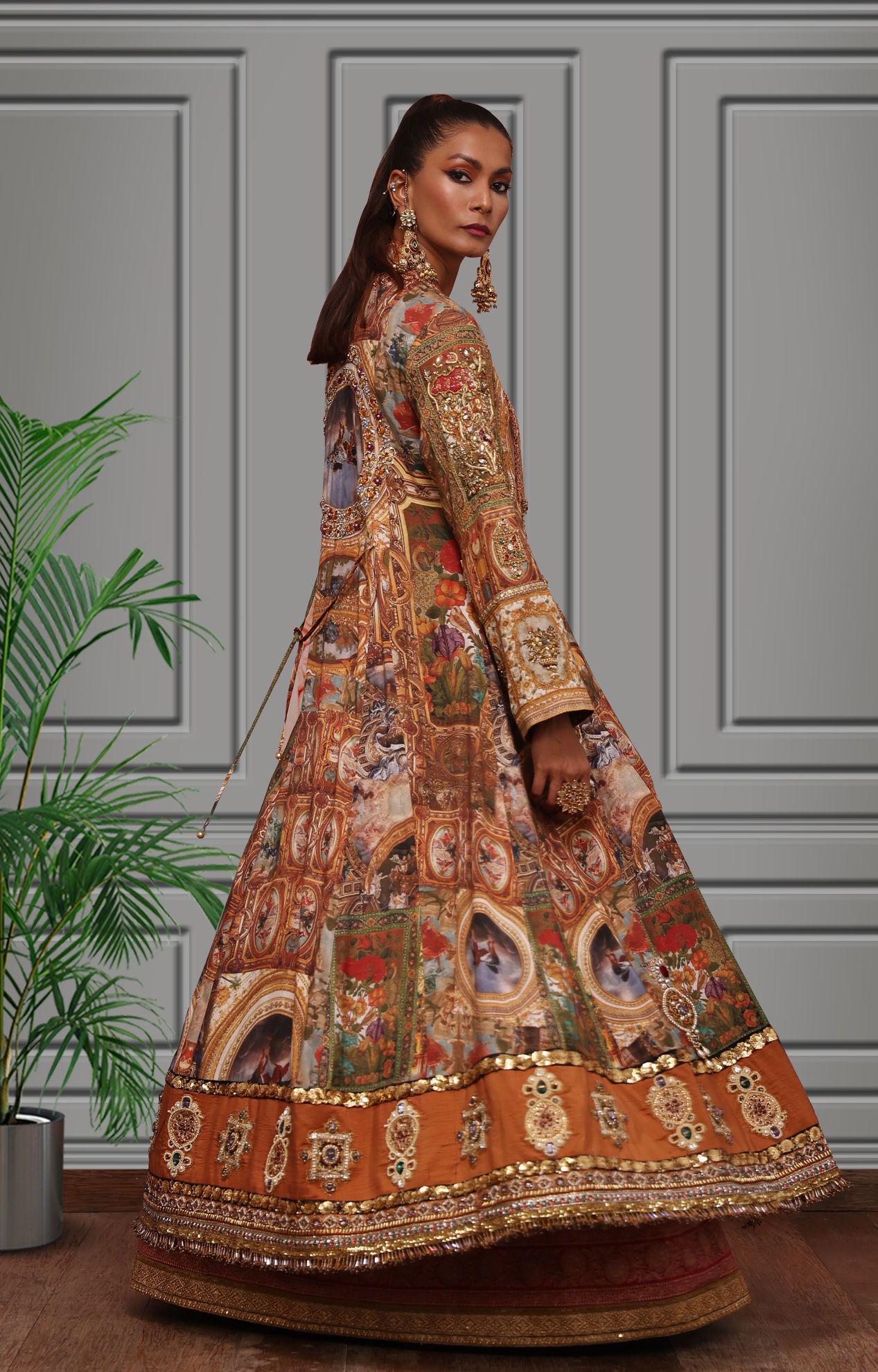 Rust Embellished Silk Long Jacket Gown (3-Piece) - Image 3