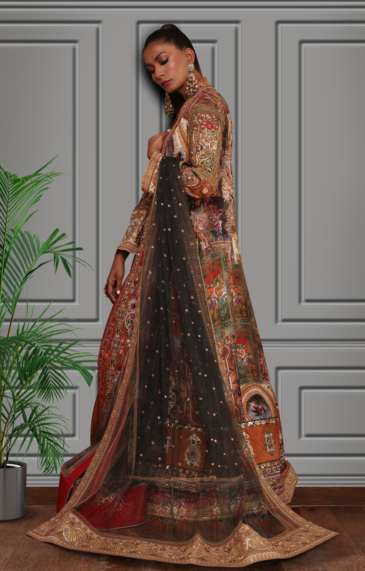 Rust Embellished Silk Long Jacket Gown (3-Piece) - Image 4