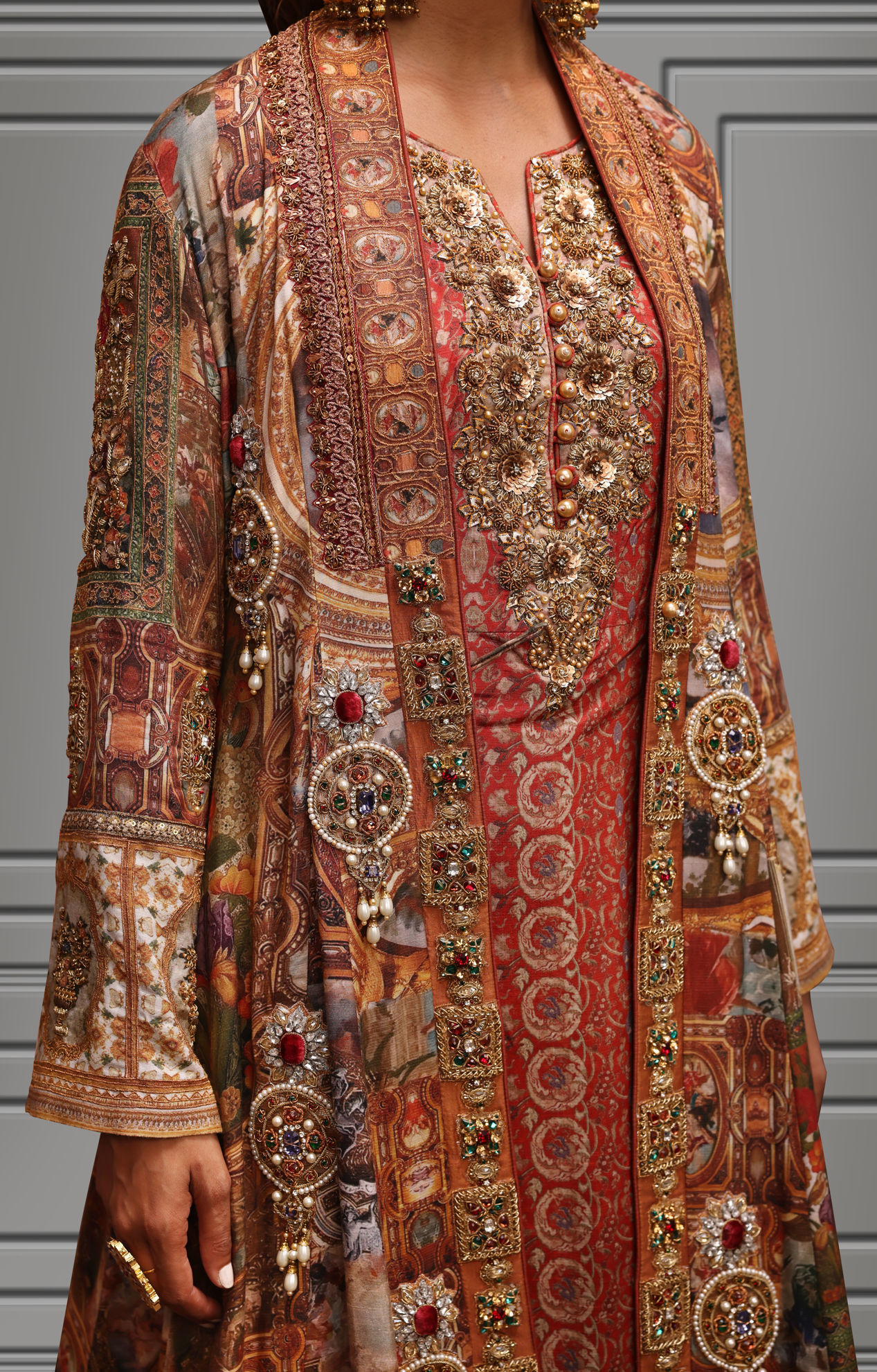 Rust Embellished Silk Long Jacket Gown (3-Piece) - Image 5