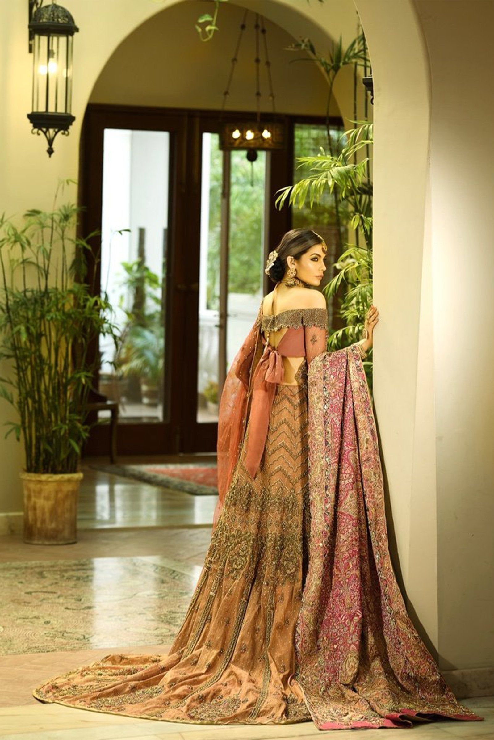 Rust Hand-Embellished Tissue Net Bridal Gown (2-Piece) - Image 4