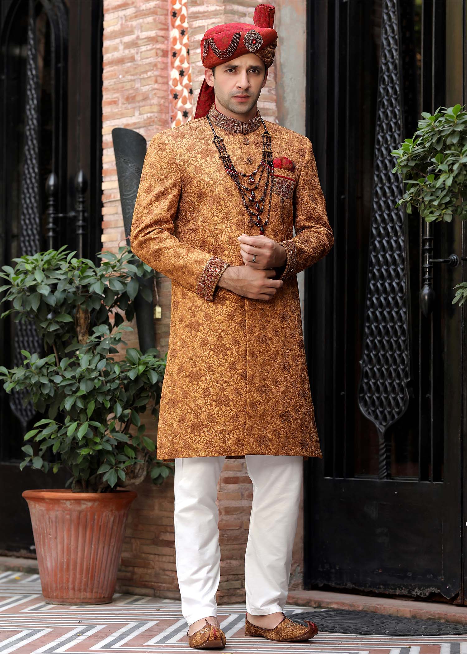 Rust Jamawar Embroidered Sherwani (4-Piece) - Image 1
