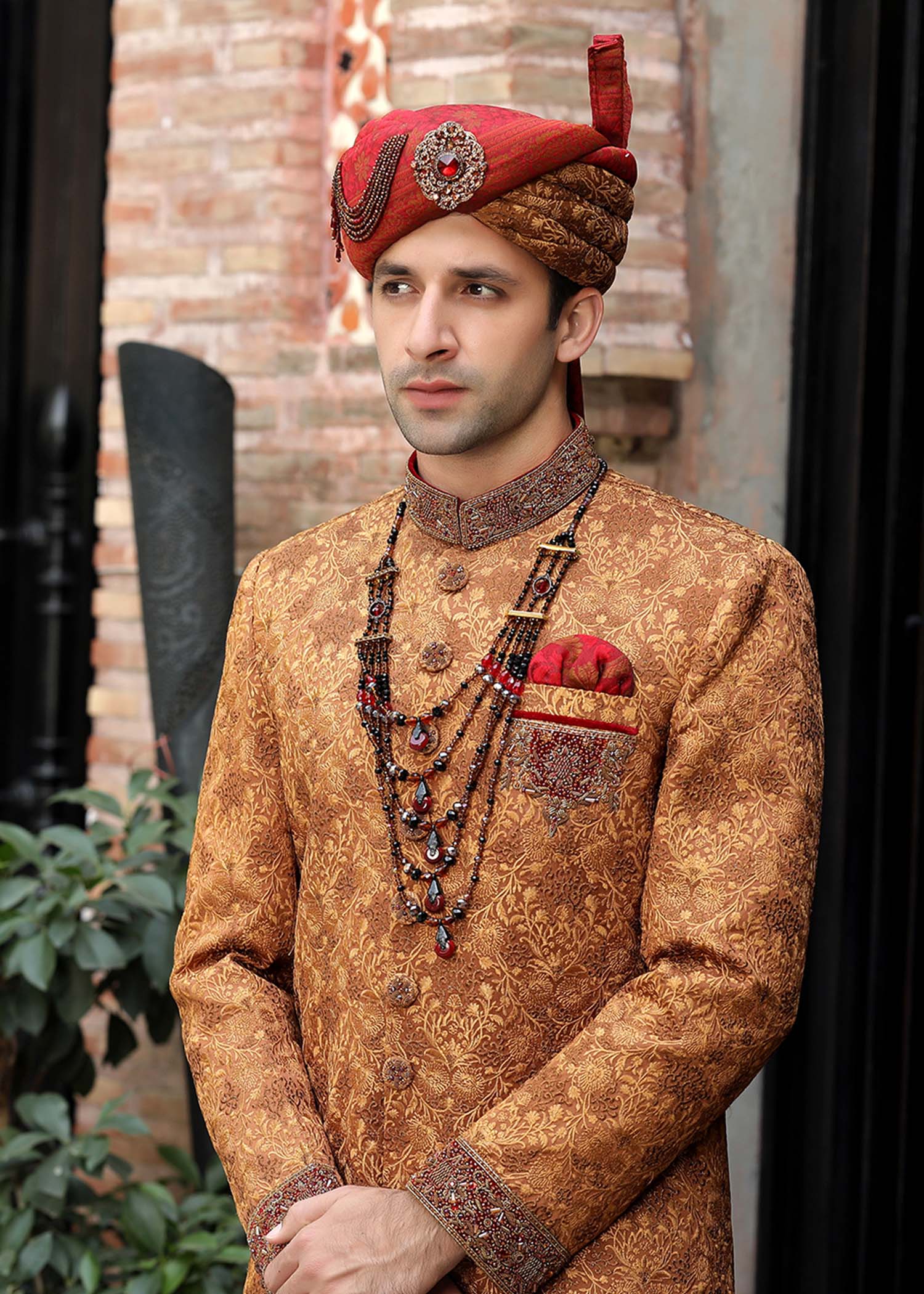 Rust Jamawar Embroidered Sherwani (4-Piece) - Image 2