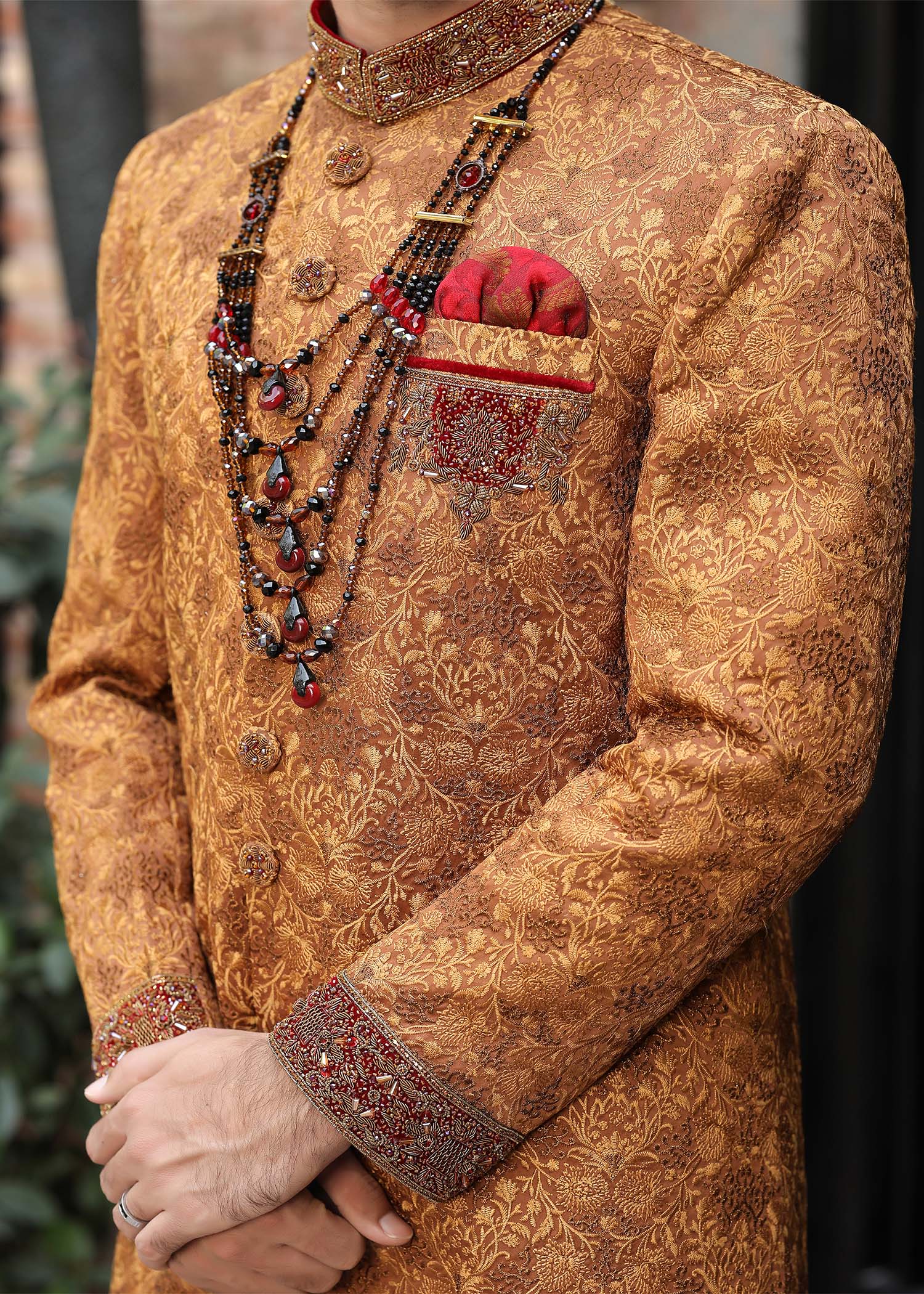 Rust Jamawar Embroidered Sherwani (4-Piece) - Image 3