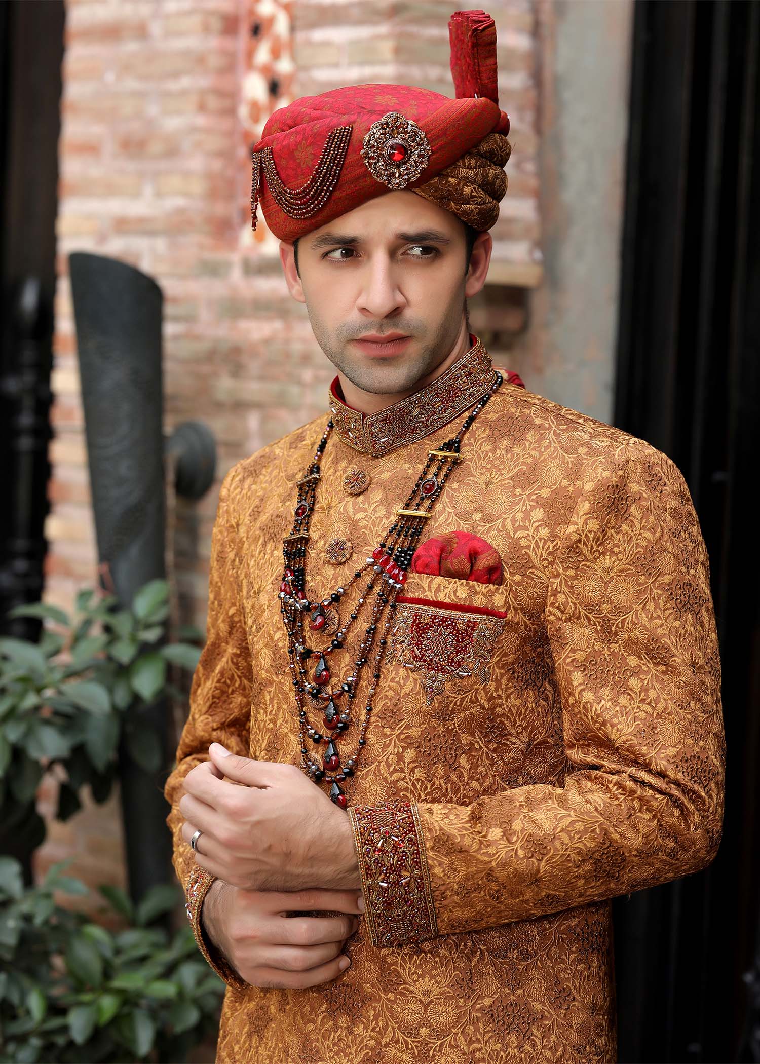Rust Jamawar Embroidered Sherwani (4-Piece) - Image 4