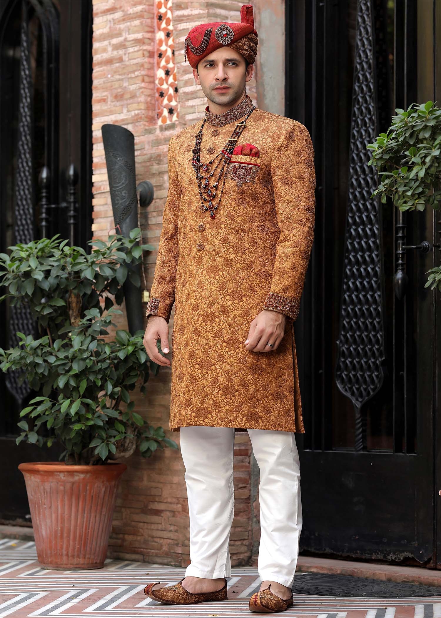 Rust Jamawar Embroidered Sherwani (4-Piece) - Image 5