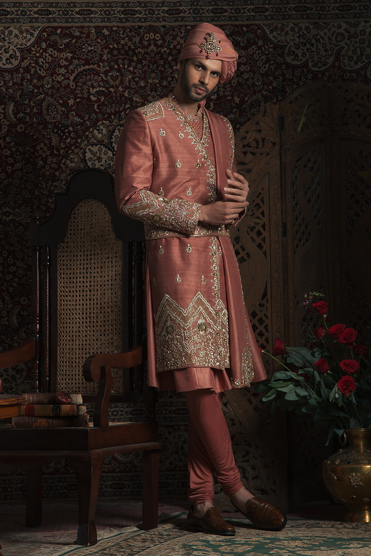 Dark Rust Embroidered Raw Silk Angrakha Sherwani (4-Piece) - Image 1