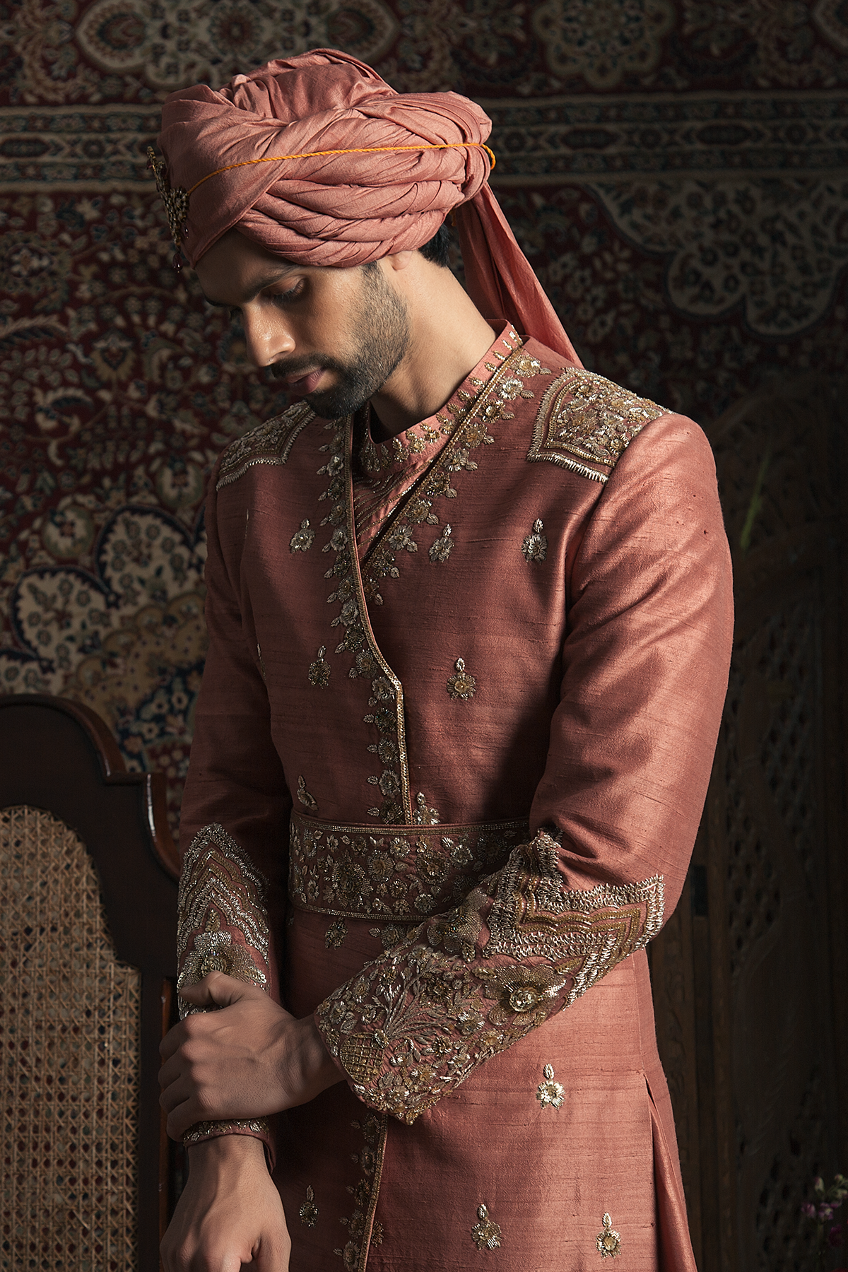 Dark Rust Embroidered Raw Silk Angrakha Sherwani (4-Piece) - Image 3