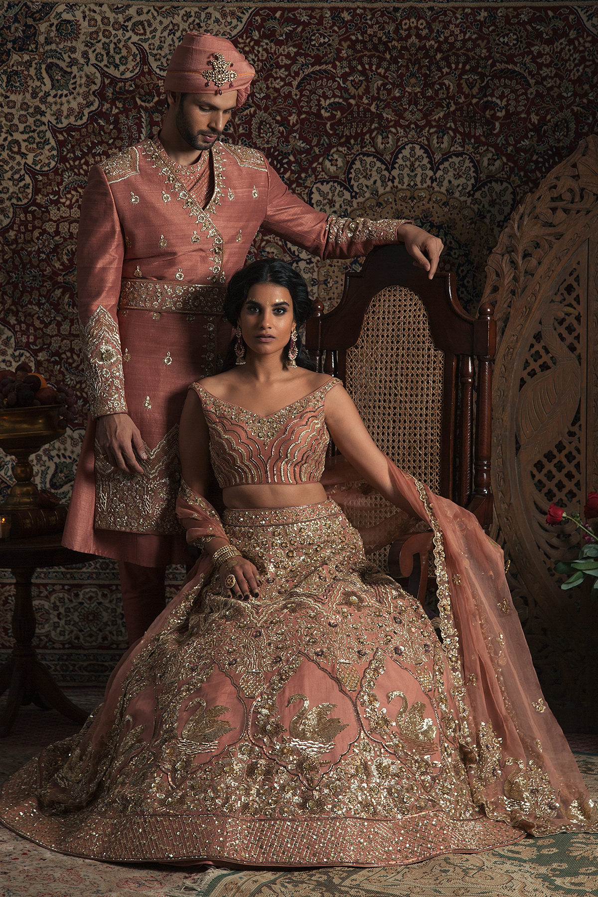 Dark Rust Embroidered Raw Silk Angrakha Sherwani (4-Piece) - Image 4