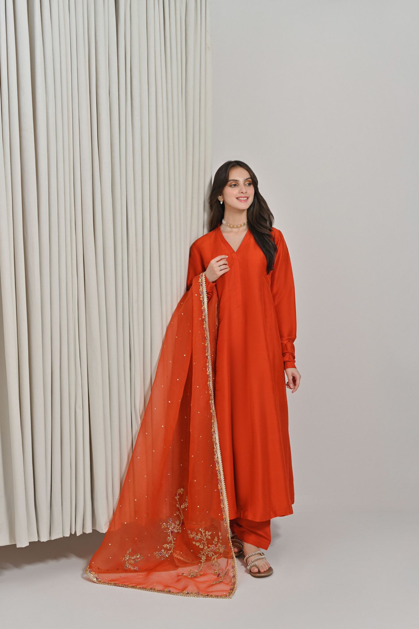 Dark Rust Zardozi Raw Silk Kalidaar (3-Piece) - Image 1