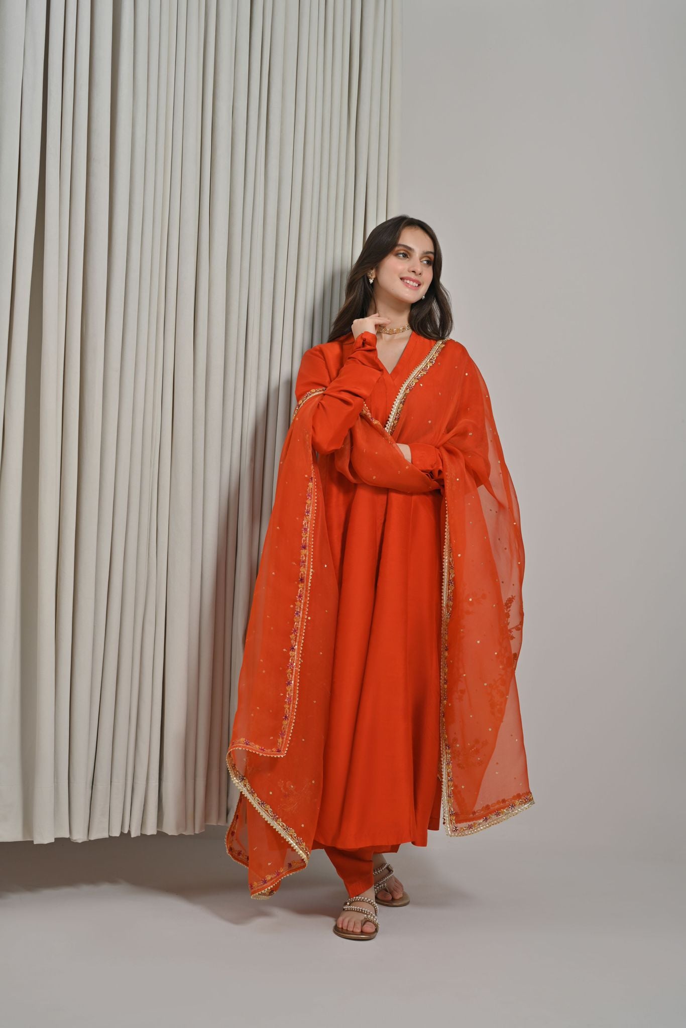 Dark Rust Zardozi Raw Silk Kalidaar (3-Piece) - Image 2