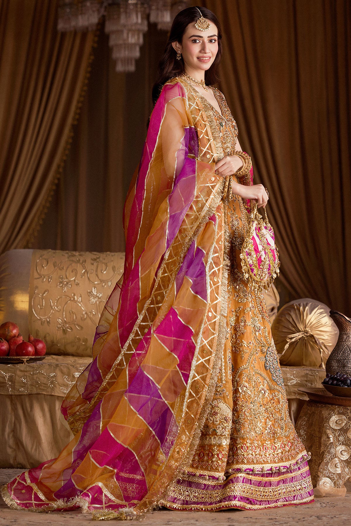 Pakistani Rust Hand-Embroidered Cotton Zari Net Angrakha Lehenga (3-Piece) - Image 2