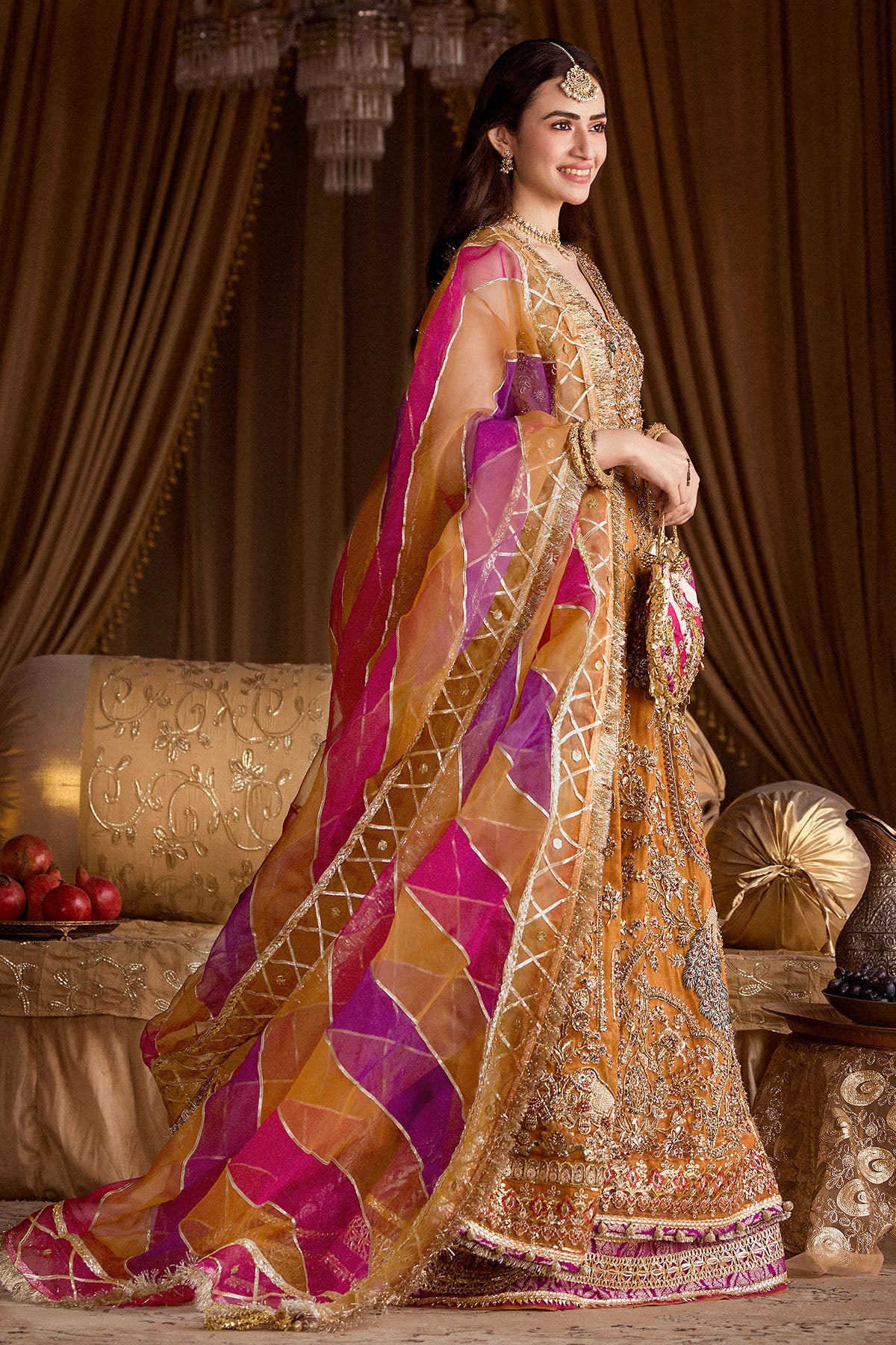 Pakistani Rust Hand-Embroidered Cotton Zari Net Angrakha Lehenga (3-Piece) - Image 3