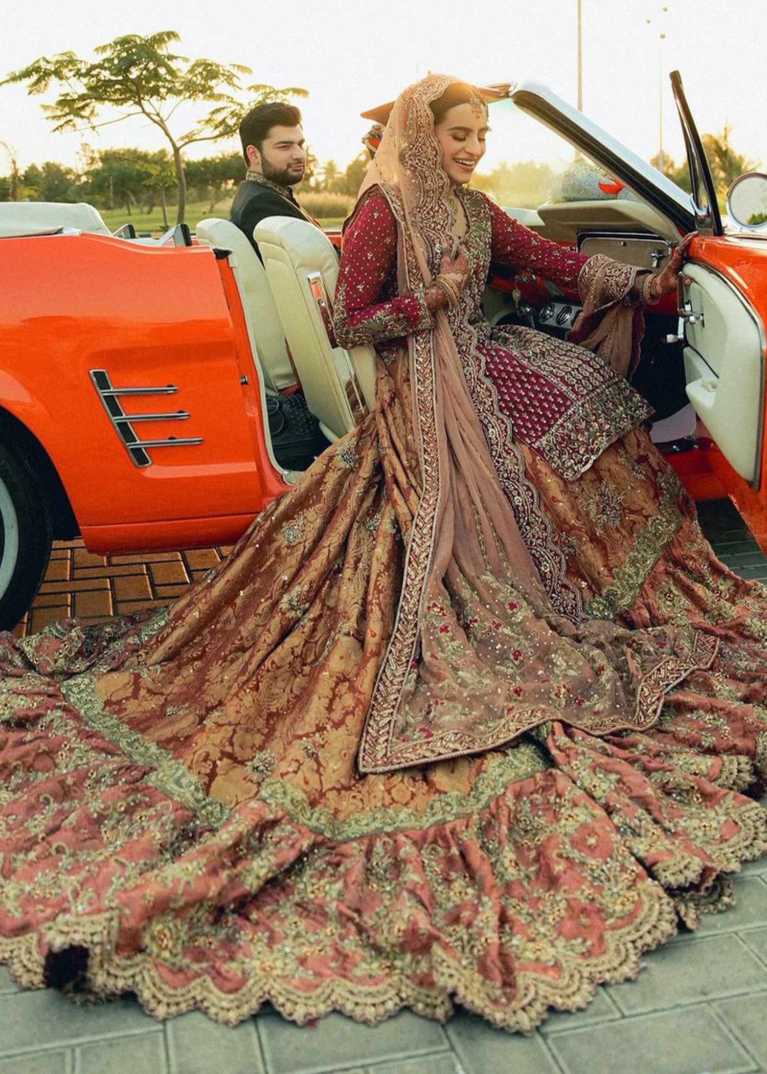 Pakistani Rust and Maroon Embellished Brocade Bridal Lehenga (3-Piece) - Image 1