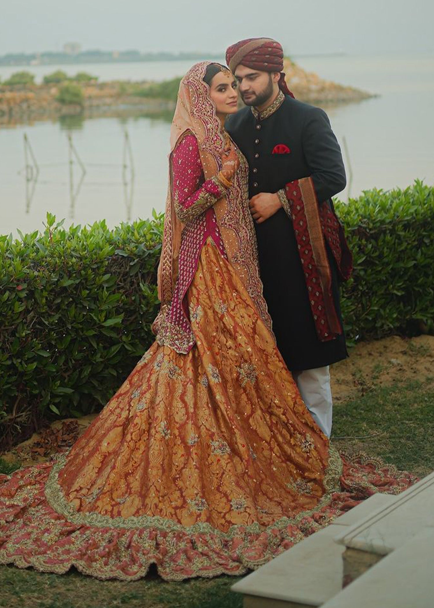 Pakistani Rust and Maroon Embellished Brocade Bridal Lehenga (3-Piece) - Image 2