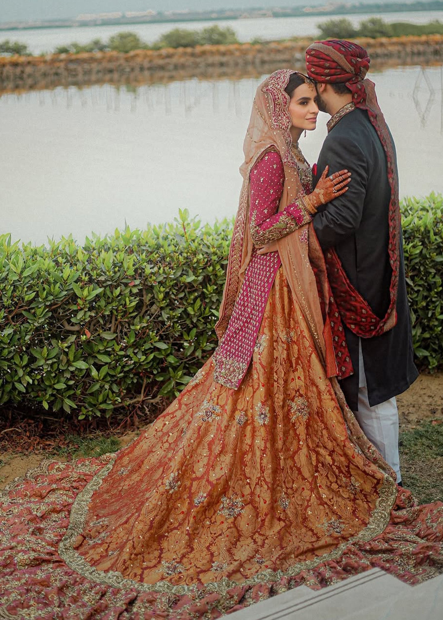 Pakistani Rust and Maroon Embellished Brocade Bridal Lehenga (3-Piece) - Image 3