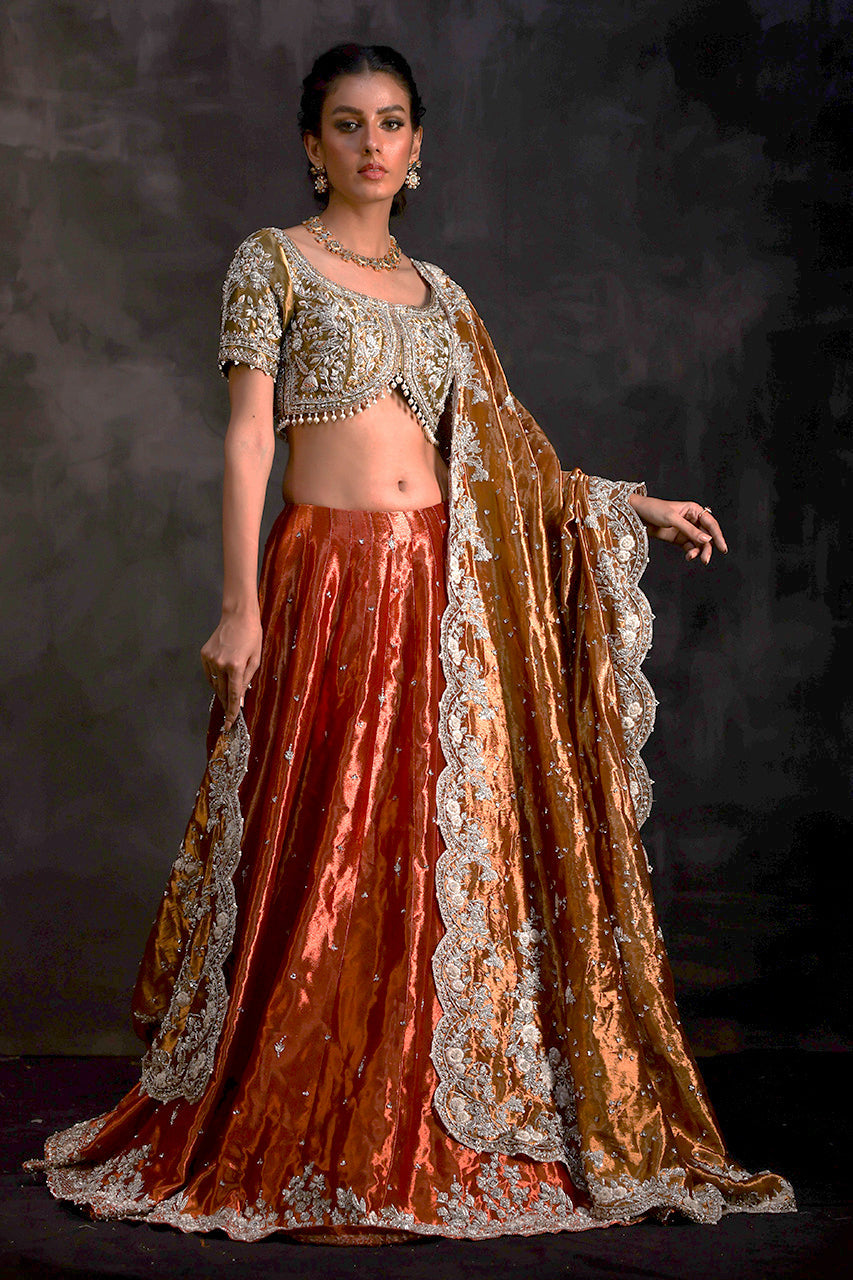 Pakistani Rust Zardozi Metallic Silk Lehenga Choli (3-Piece) - Image 1