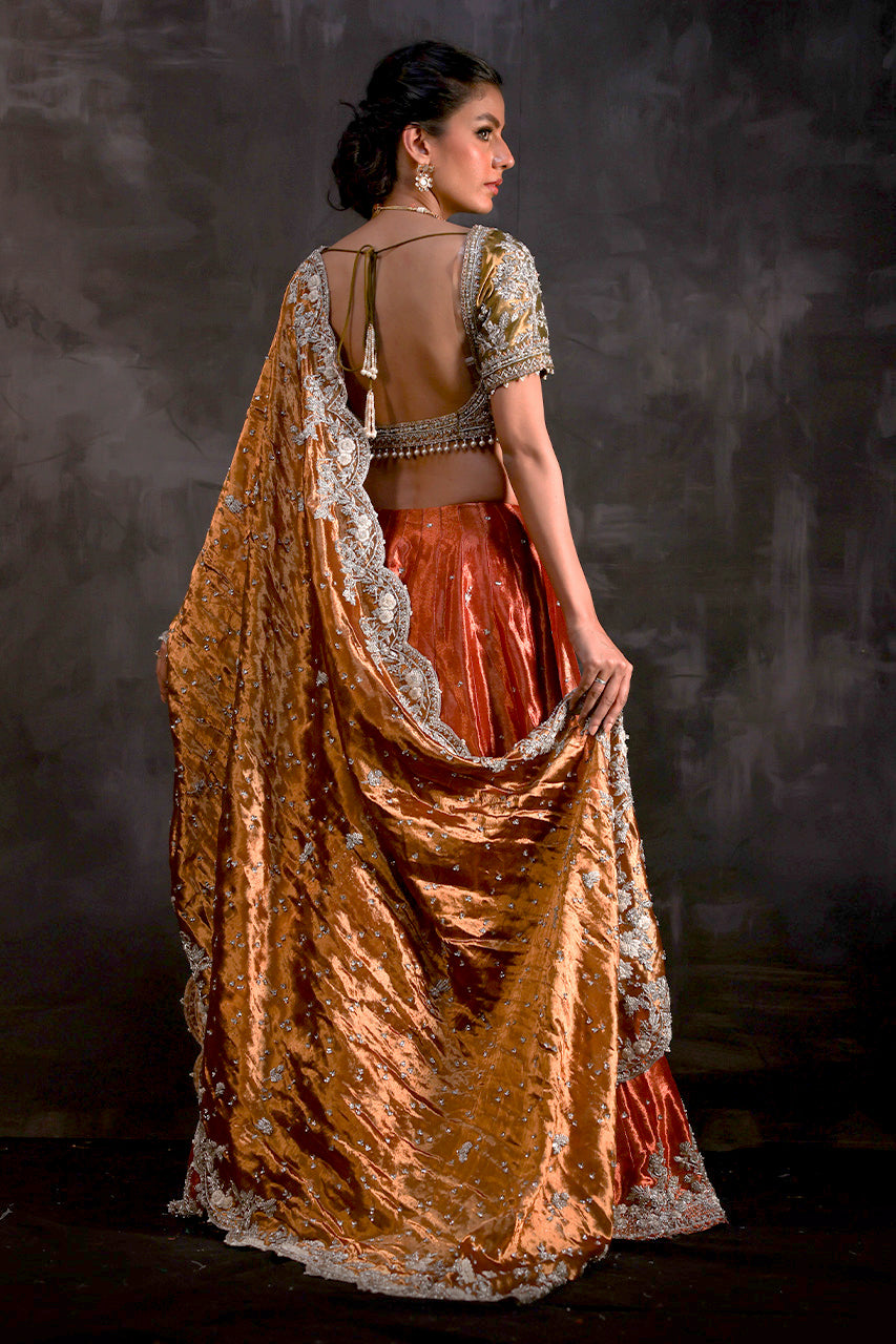 Pakistani Rust Zardozi Metallic Silk Lehenga Choli (3-Piece) - Image 2
