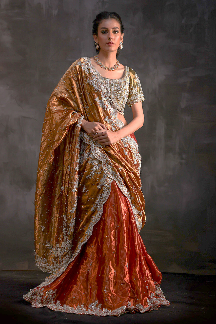 Pakistani Rust Zardozi Metallic Silk Lehenga Choli (3-Piece) - Image 3