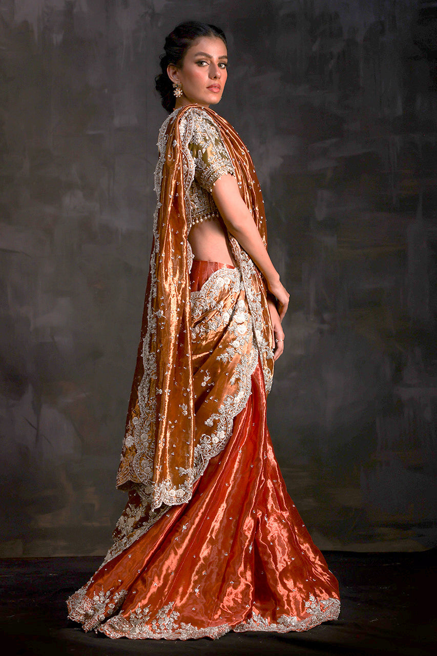 Pakistani Rust Zardozi Metallic Silk Lehenga Choli (3-Piece) - Image 4