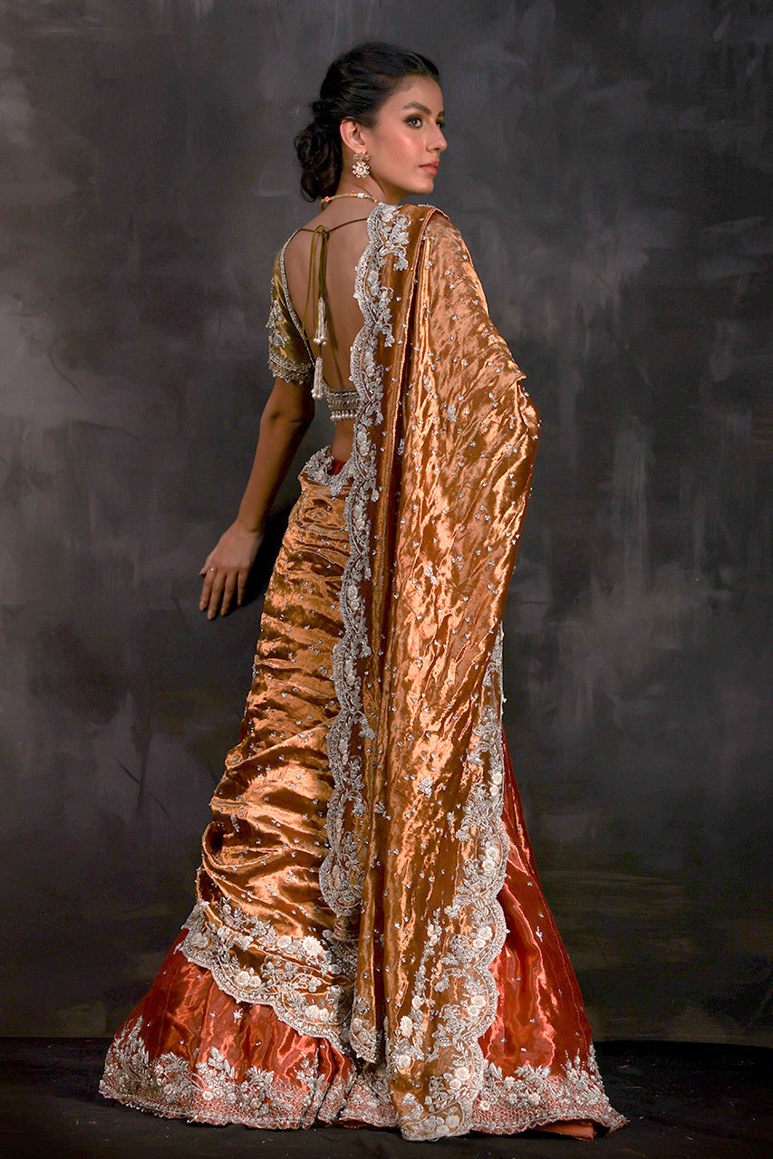 Pakistani Rust Zardozi Metallic Silk Lehenga Choli (3-Piece) - Image 6