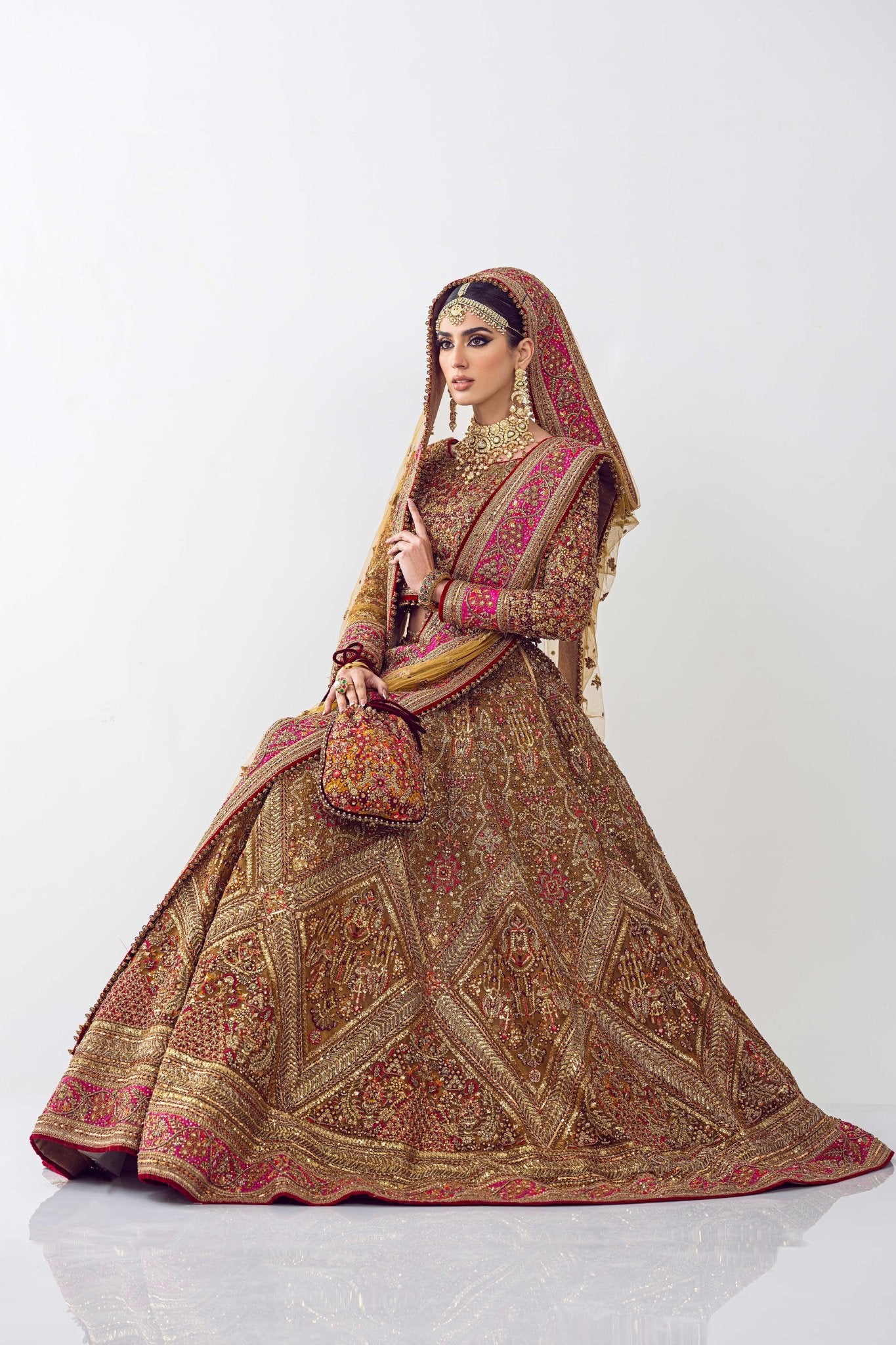 Pakistani Rust Embroidered Net Lehenga Set (3-Piece) - Image 10